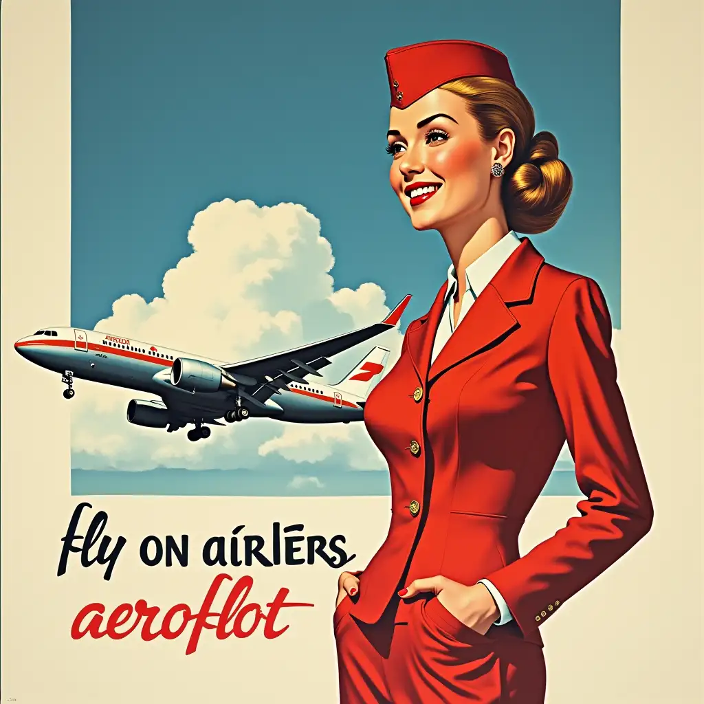 a poster ad of airline company from the soviet union with the inscription 'fly on airliners aeroflot' . On the poster is depicted an airplane and smiling stewardess and the inscription 'fly on airliners aeroflot'