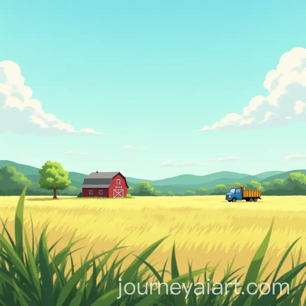 Tranquil-Anime-Countryside-Landscape-with-Barn-and-Truck-in-Field