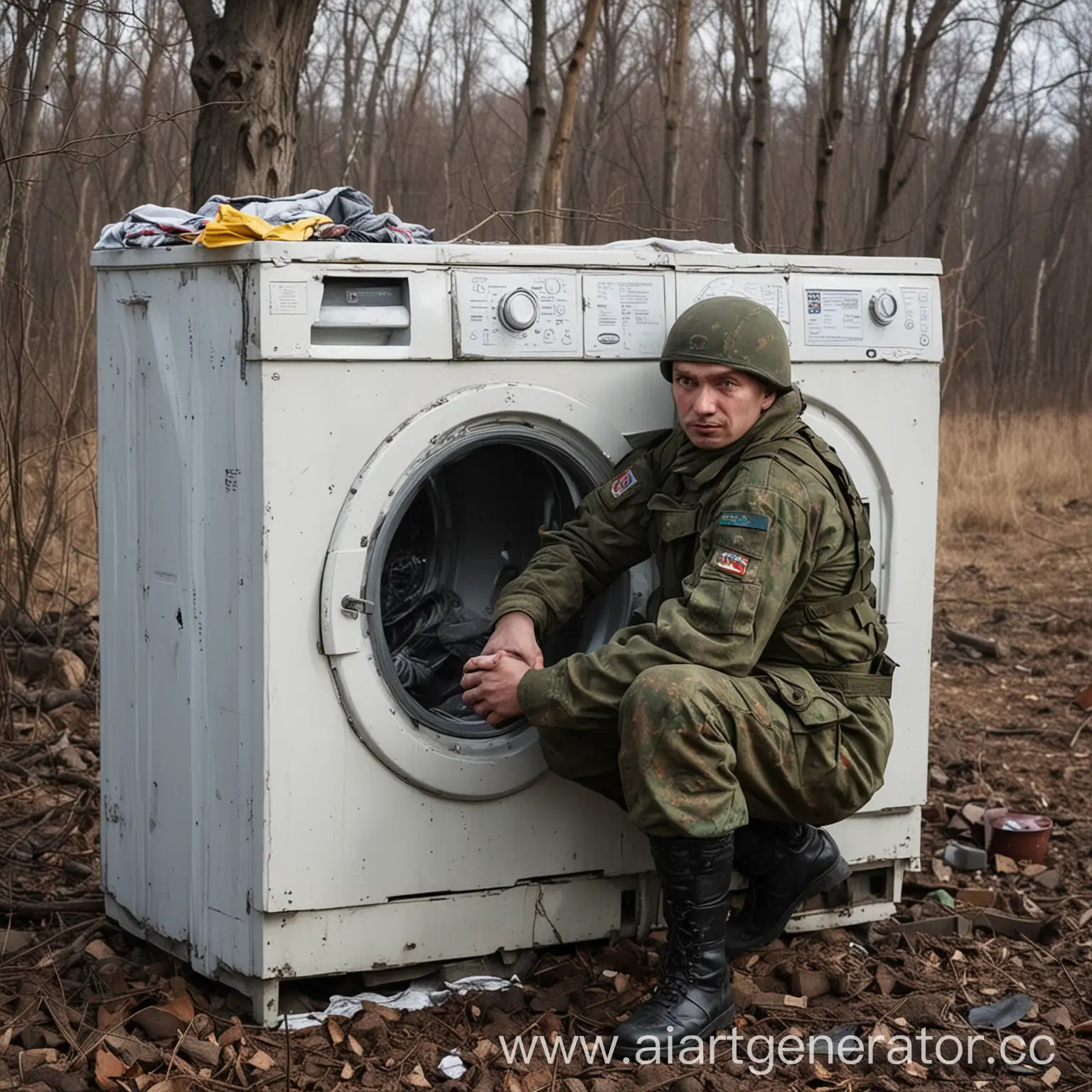 Russian-Soldier-Operating-a-Washing-Machine-in-a-Ukrainian-City-Setting