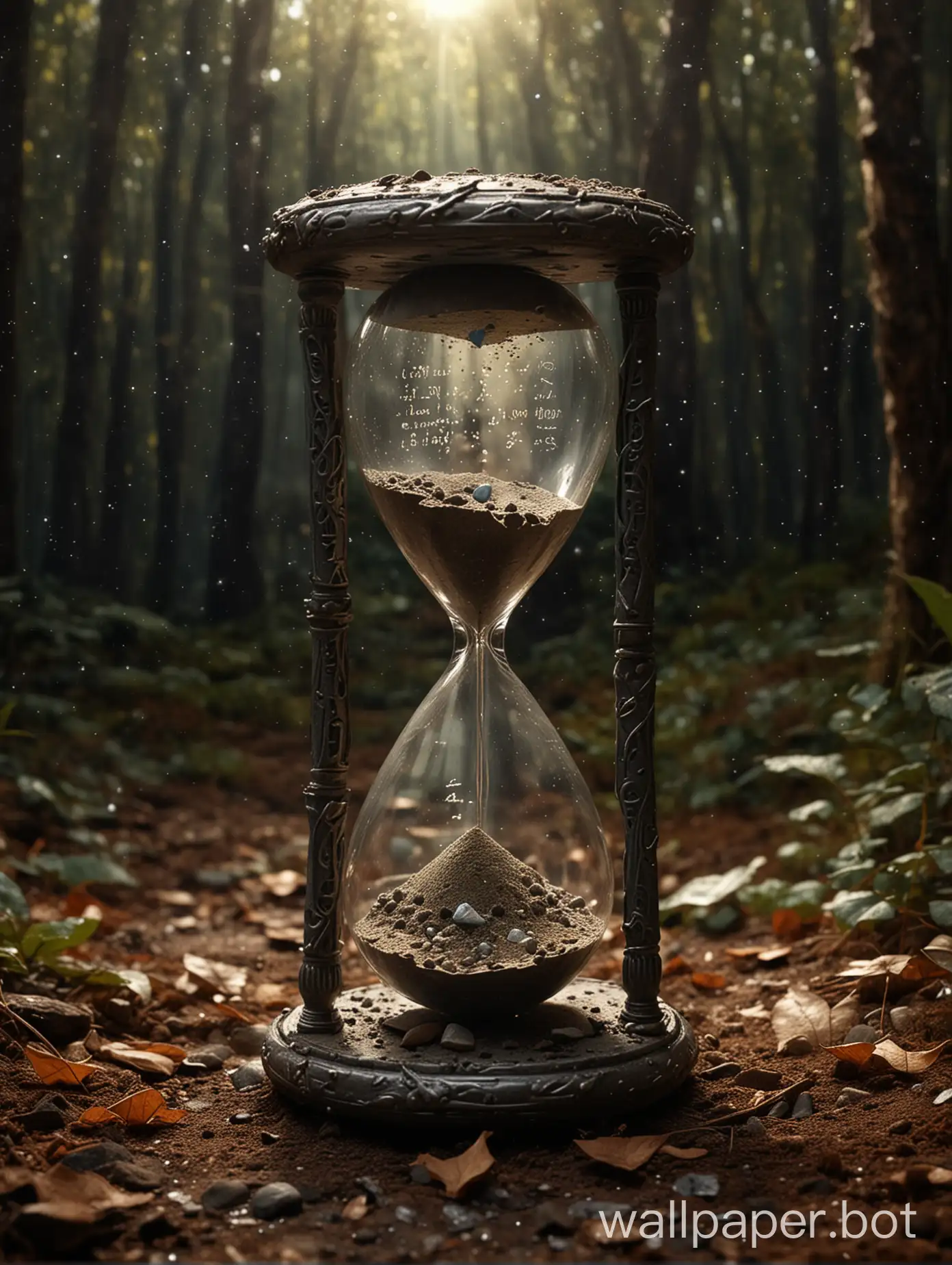 an old relic hourglass made of aged irregular titanium with mild dust accumulated on it and unknown ancient writing around the frame. Inside the top half of the hourglass is a glowing pulsing sun with rays. on the inside of the bottom half of the hourglass will be a bright detailed moon in space with space dust and tiny stars, expended grains of sand at the bottom of the lower portion of the hourglass which is sitting on a forest floor with decaying leaves. lighting will be cinematic chiaroscuro. insanely detailed. super resolution.