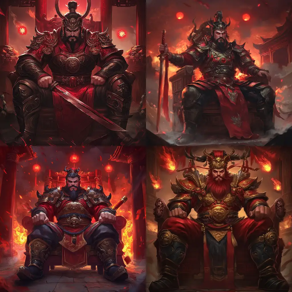 Angry-Handsome-Chinese-Fire-God-Warlord-on-Red-Copper-Imperial-Throne