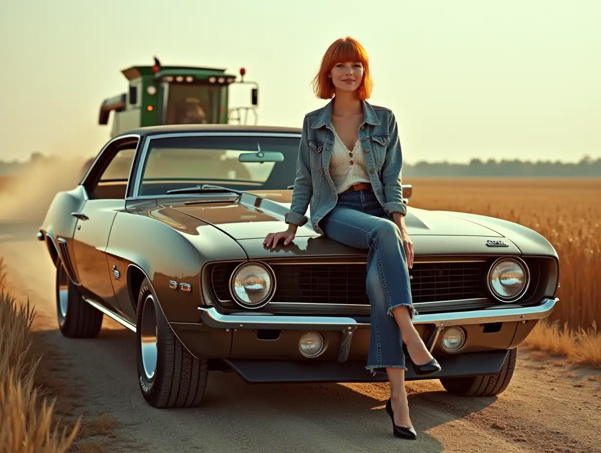 [aerial view]vintage [highly-detailed]1969 Chevrolet Camaro parked 'sideways' on a country gravel road,wheat field in background with a John Deere combine working in middle of field,dust flying from back of combine.a 19 year old Caucasian woman 'highly-detailed'[ bright face features]'smiling',short red hair,1960s tight  hairdo,sitting on front fender of car'mid Shot',black patent heeled shoes.jeans,jean jacket