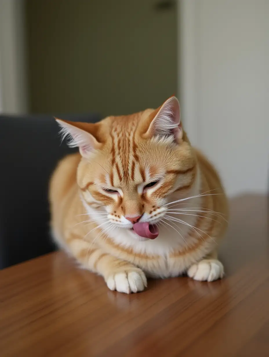 A cat sits on the table and licks itself