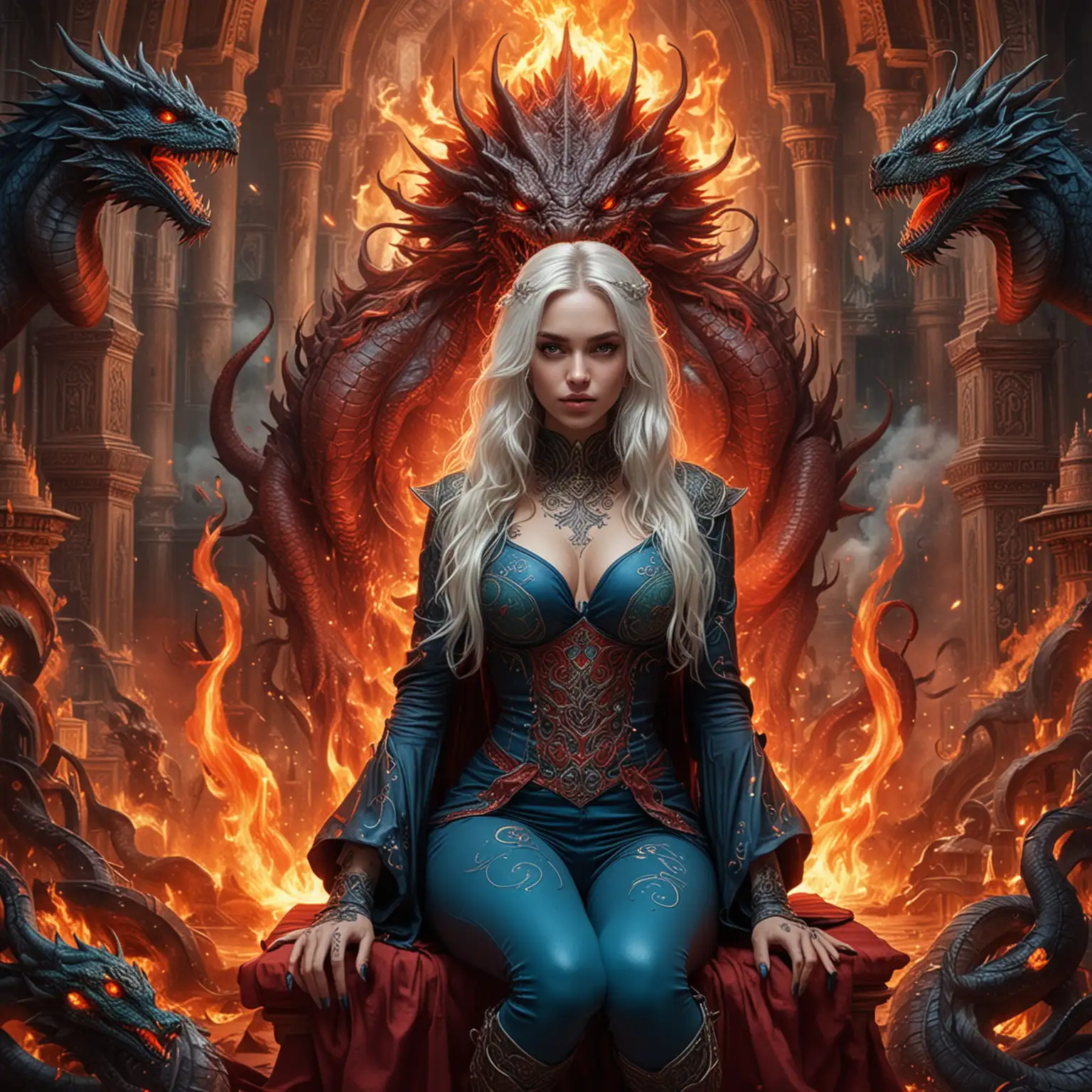 Goddess Empress Sorceress Surrounded by Fire and Dragons