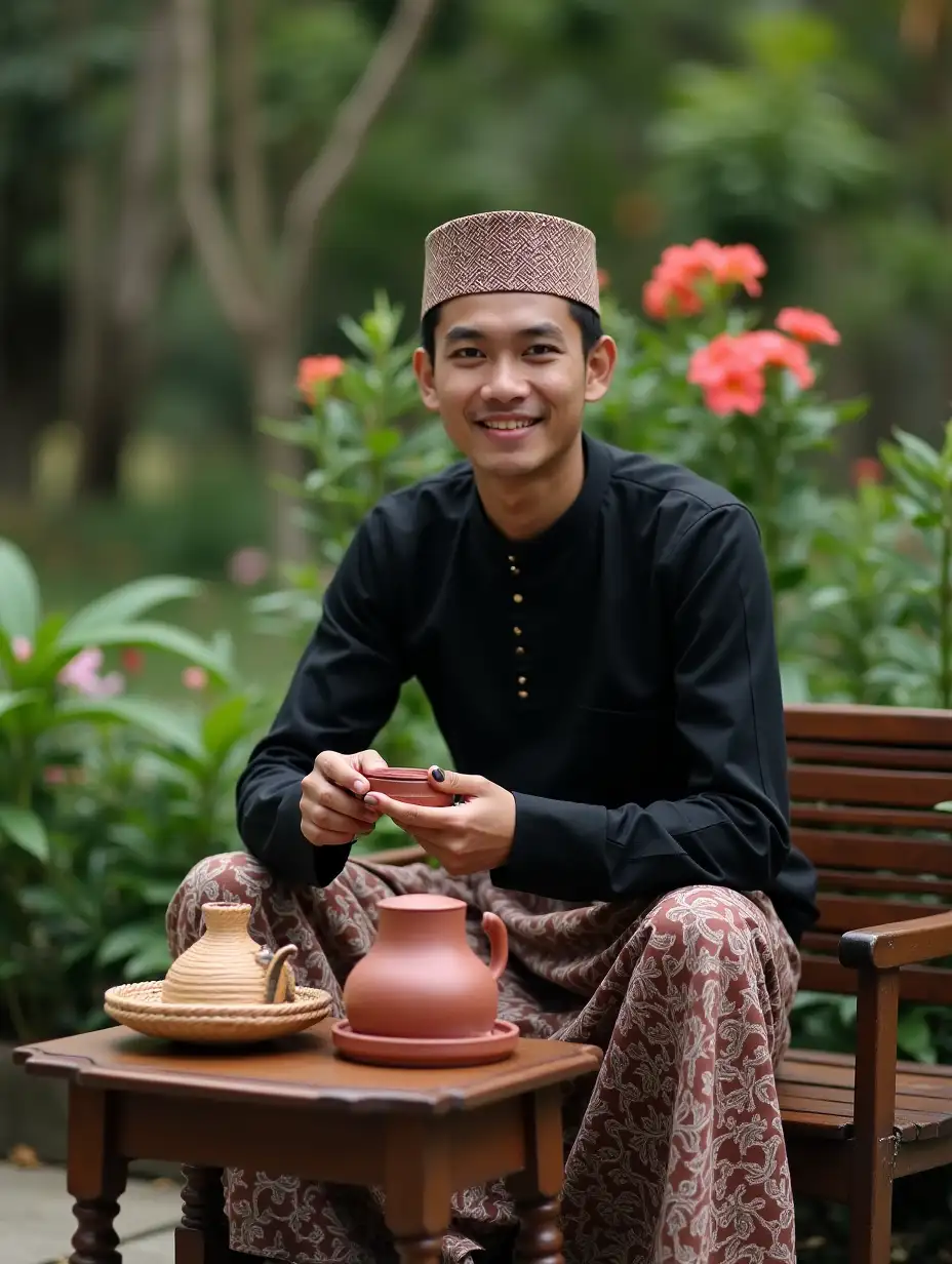 Young-Man-in-Traditional-Javanese-Clothing-Enjoying-Tea-in-a-Peaceful-Garden