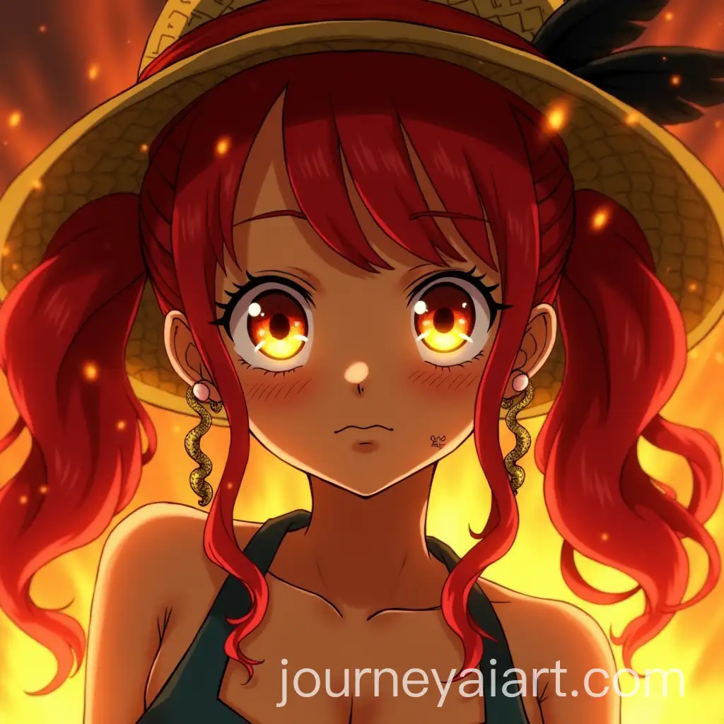 Anime-Girl-withAI-Image-Prompt-Expansion-Red-Wavy-Hair-Serpent-Earrings-and-Aces-Hat-Surrounded-by-Fire-Sparks