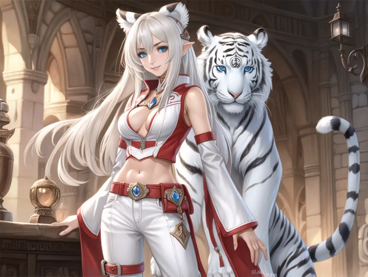 (((white mage's uniform))), ((mage sexy woman)), ((white tiger ears)), белые длинные волосы, (only 1 woman), black freckles, (blue eyes), ((without humans ears)), ((beautiful face)), country's atmosphere, a Affectionate smile, full body, white leather Trousers