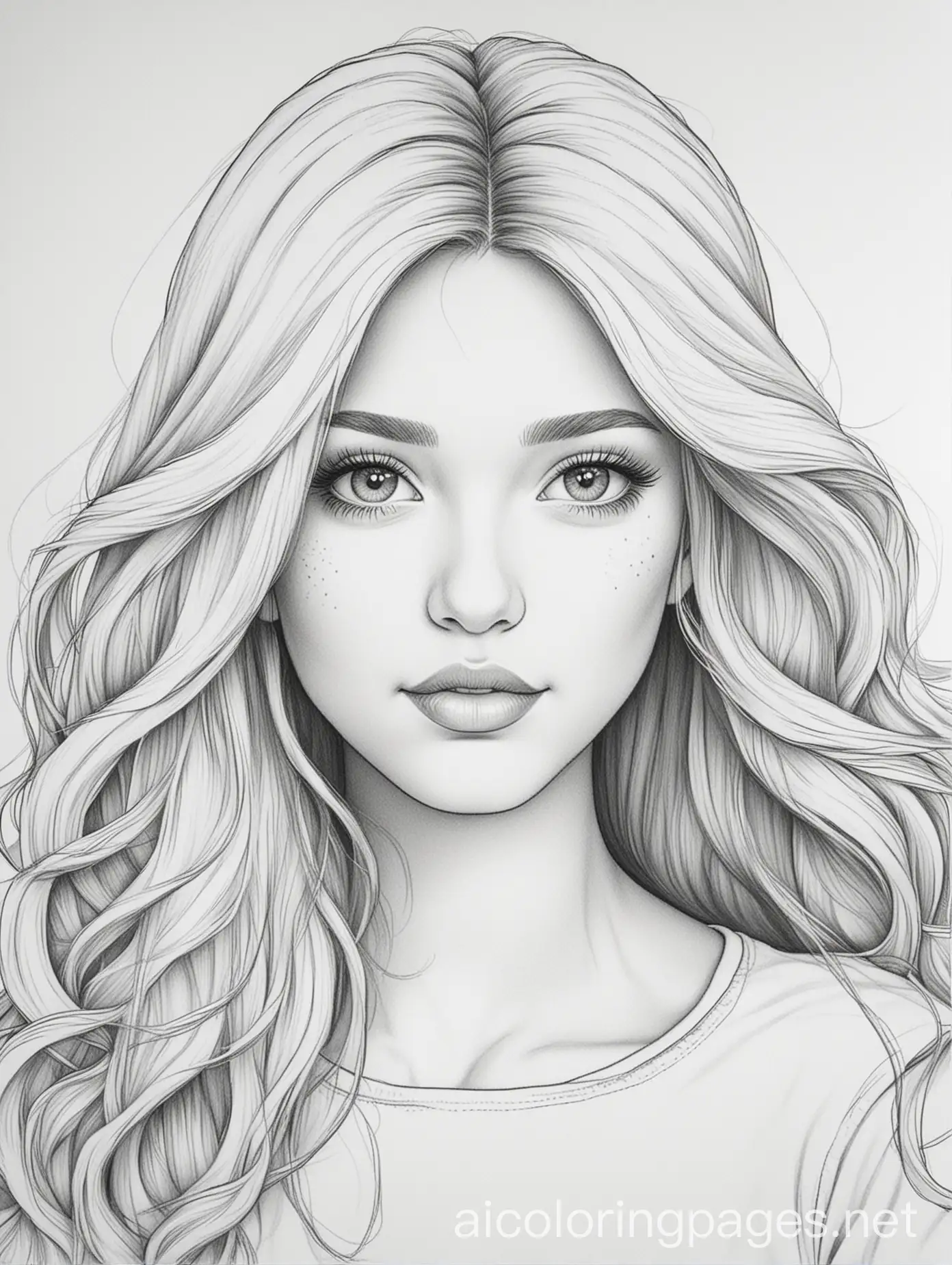 Girl with very rich hair, Coloring Page, black and white, line art, white background, Simplicity, Ample White Space. The background of the coloring page is plain white to make it easy for young children to color within the lines. The outlines of all the subjects are easy to distinguish, making it simple for kids to color without too much difficulty
