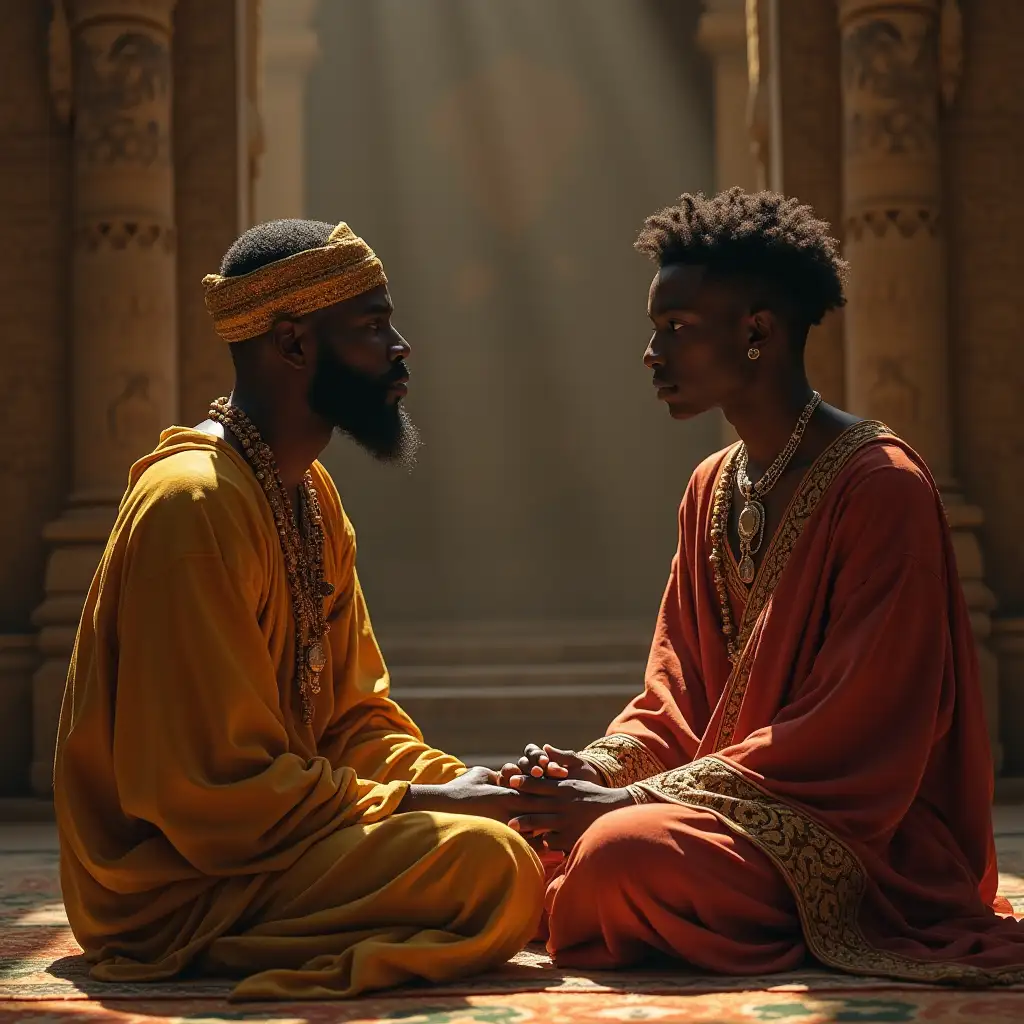 a young african prince sitting with an older sage in the palace of wisdom. the sage is teaching the prince some ancient wisdom