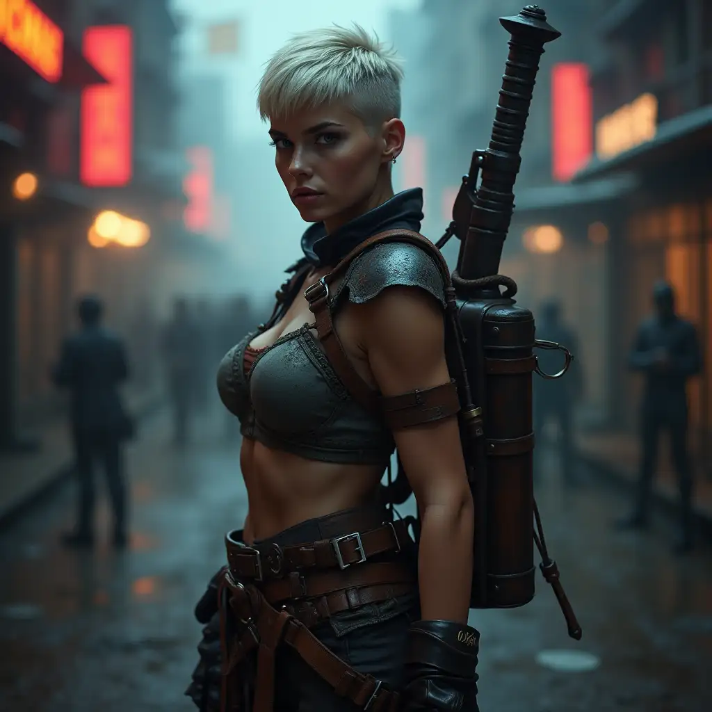 A fantasy scene in the style of an '80s movie, featuring a stern and muscular female bounty hunter. She has a short, robust frame, built like a powerful judo athlete, with broad shoulders and a thick, strong physique. Her platinum blonde hair is cropped extremely short, emphasizing her no-nonsense attitude. Her face is weathered, with sharp eyes and a merciless expression, showing years of experience in the brutal world of bounty hunting. She wears practical, battle-worn armor—leather and metal plates designed for protection, not vanity. Her gear is rugged, covered in scratches and dents, and a large, brutal weapon is strapped to her back. The background is a dark, misty cityscape with neon lights, or a rugged, medieval fantasy outpost, evoking the gritty, practical aesthetic of classic '80s fantasy films. The lighting is dramatic, with a cinematic glow highlighting her powerful form