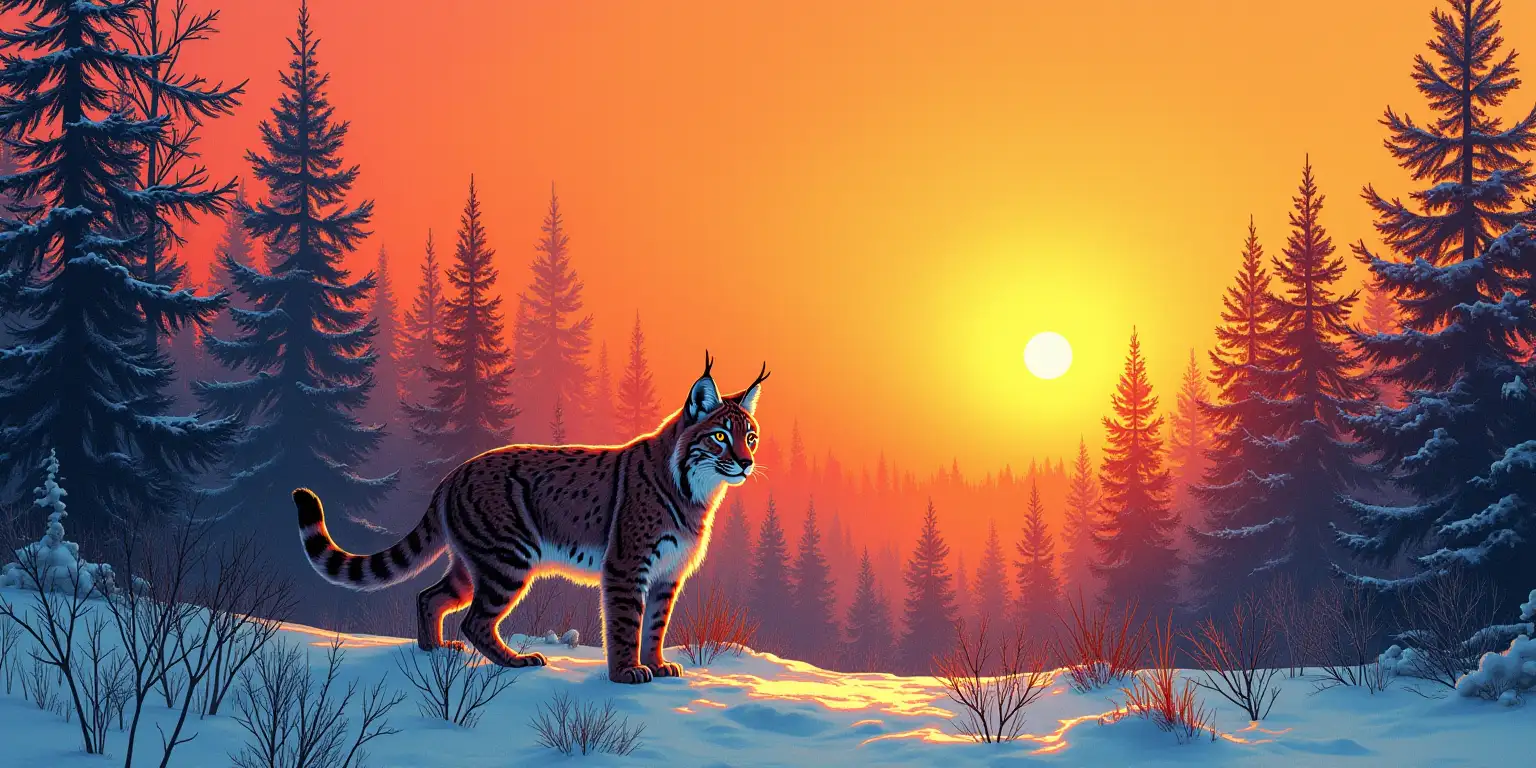 Surreal Lynx in a Boreal Forest at Sunrise