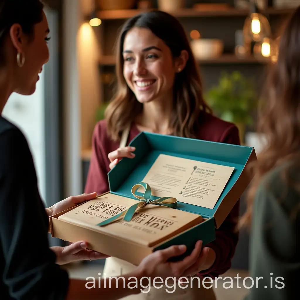 A warm and elegant closing moment of a cooking workshop. A participant is being handed a beautifully designed gift box in the color #3B8584 (a deep teal shade), by a smiling host. The box includes a wooden cutting board engraved with the phrase “CREA UN WOW TODOS LOS DÍAS”, a surprise recipe card, and a ribbon in a complementary neutral tone. The setting is cozy and refined—inside a softly lit, modern space with cooking stations in the background. The participant looks pleasantly surprised, holding the box with both hands. The atmosphere conveys gratitude, community, and inspiration. Natural lighting, soft shadows, lifestyle photography style.