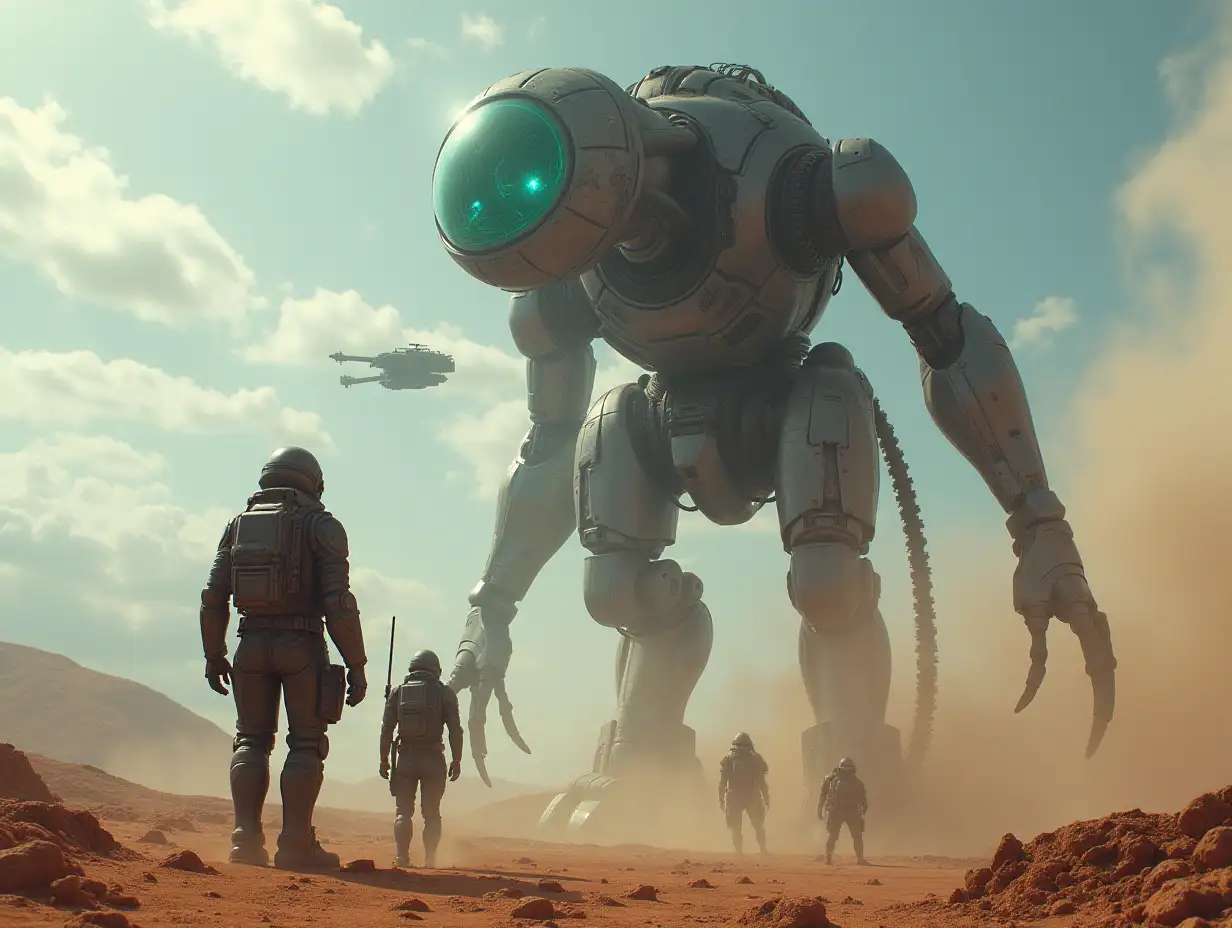 Create AI fantasy with a high-resolution, realistic image of Robert, 40 meters tall, and an alien, with battle robots and cell tanks on the alien on Pandora 4k resolution