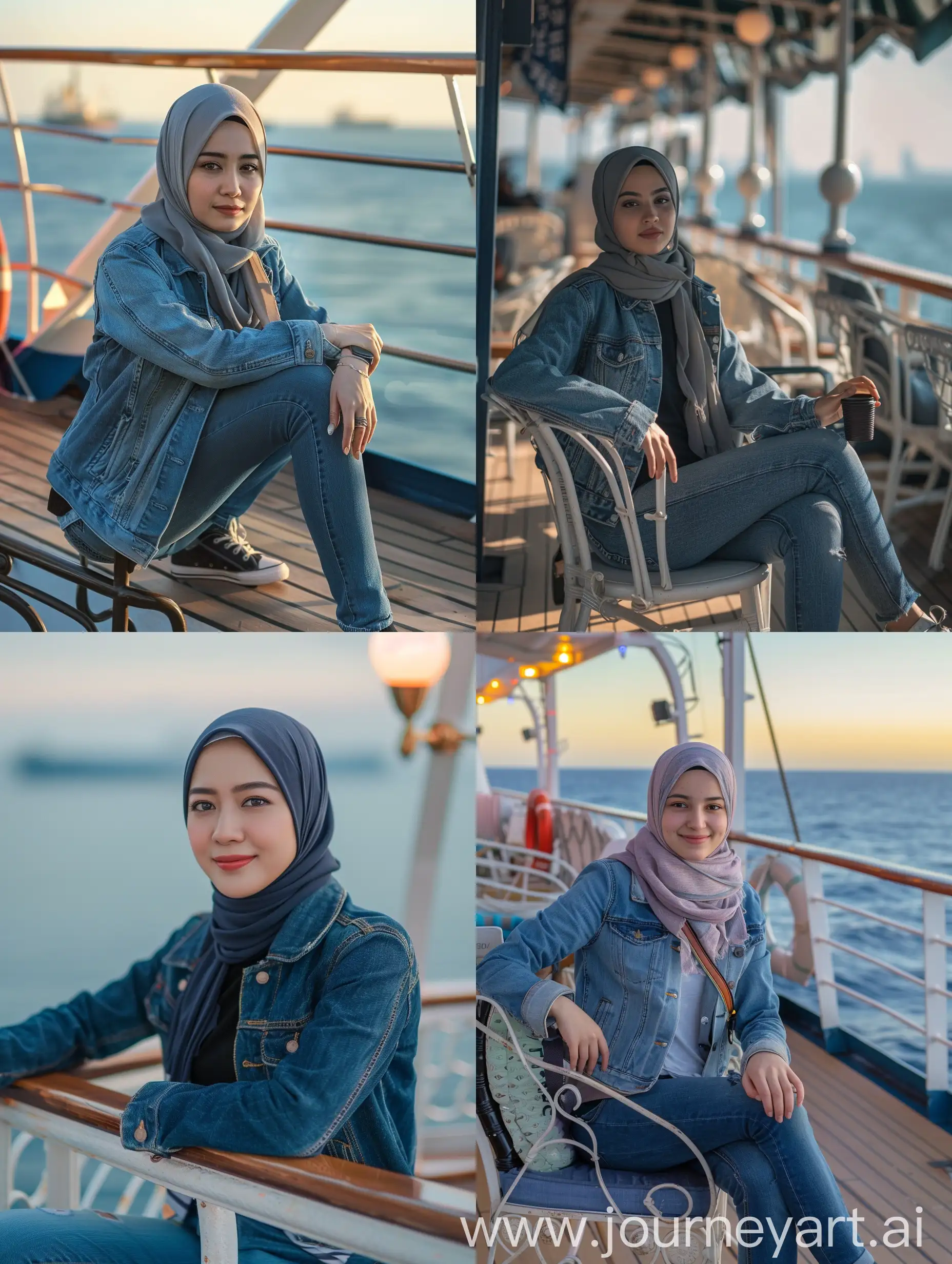 Korean-Woman-in-Denim-Jacket-Enjoying-Coffee-on-Titanic-Deck