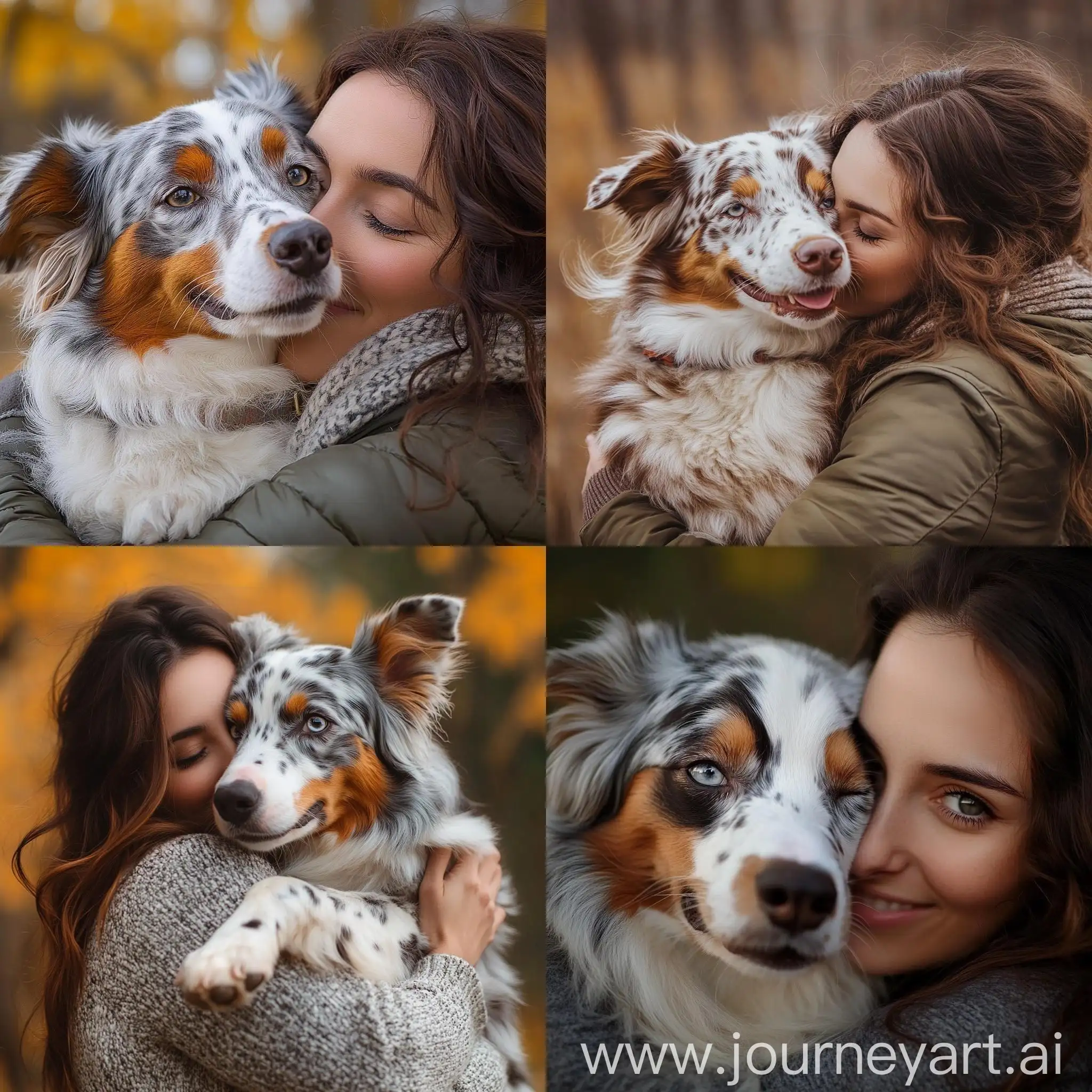 Tricolor-RedMerle-Australian-Shepherd-Girl-Hugging-Owner-in-the-Park