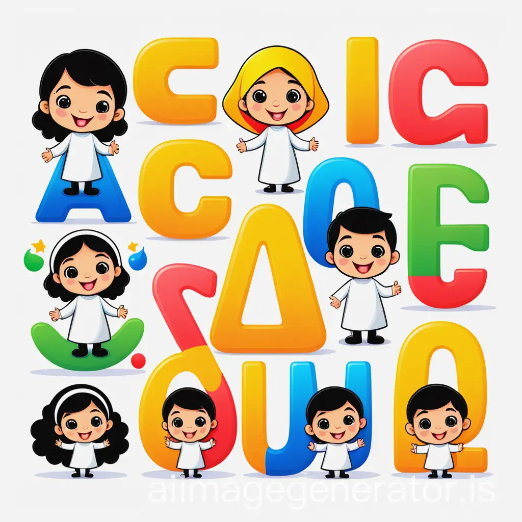 Cute cartoon illustration for Arabic alphabet learning book, kawaii style, bright primary colors, simple rounded shapes, thick black outlines, smiling friendly characters, white clean background, educational material for 6-year-old children, vector art style, consistent character design, adorable and safe