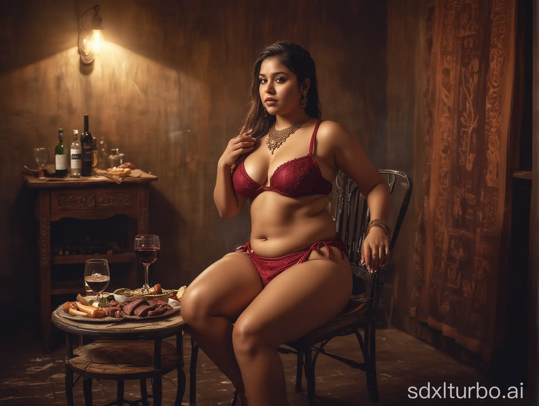 Indian-Girl-in-Tie-Bikini-Enjoying-Wine-and-Steak-Dinner