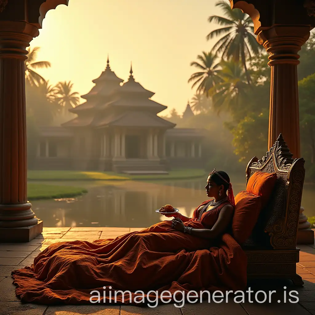 An ancient Kerala palace in the background,foreground a Kerala queen lies on a large stone bed in the morning sunrise on her right side, a Kerala king sitting in a Royal chair and eating fried chicken nearby.