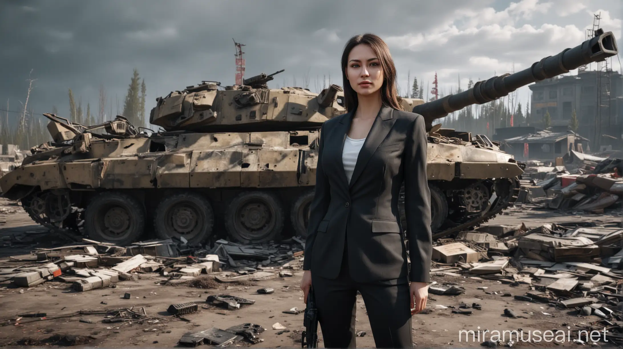 Female Trader from Escape from Tarkov Standing by Destroyed Russian Tank