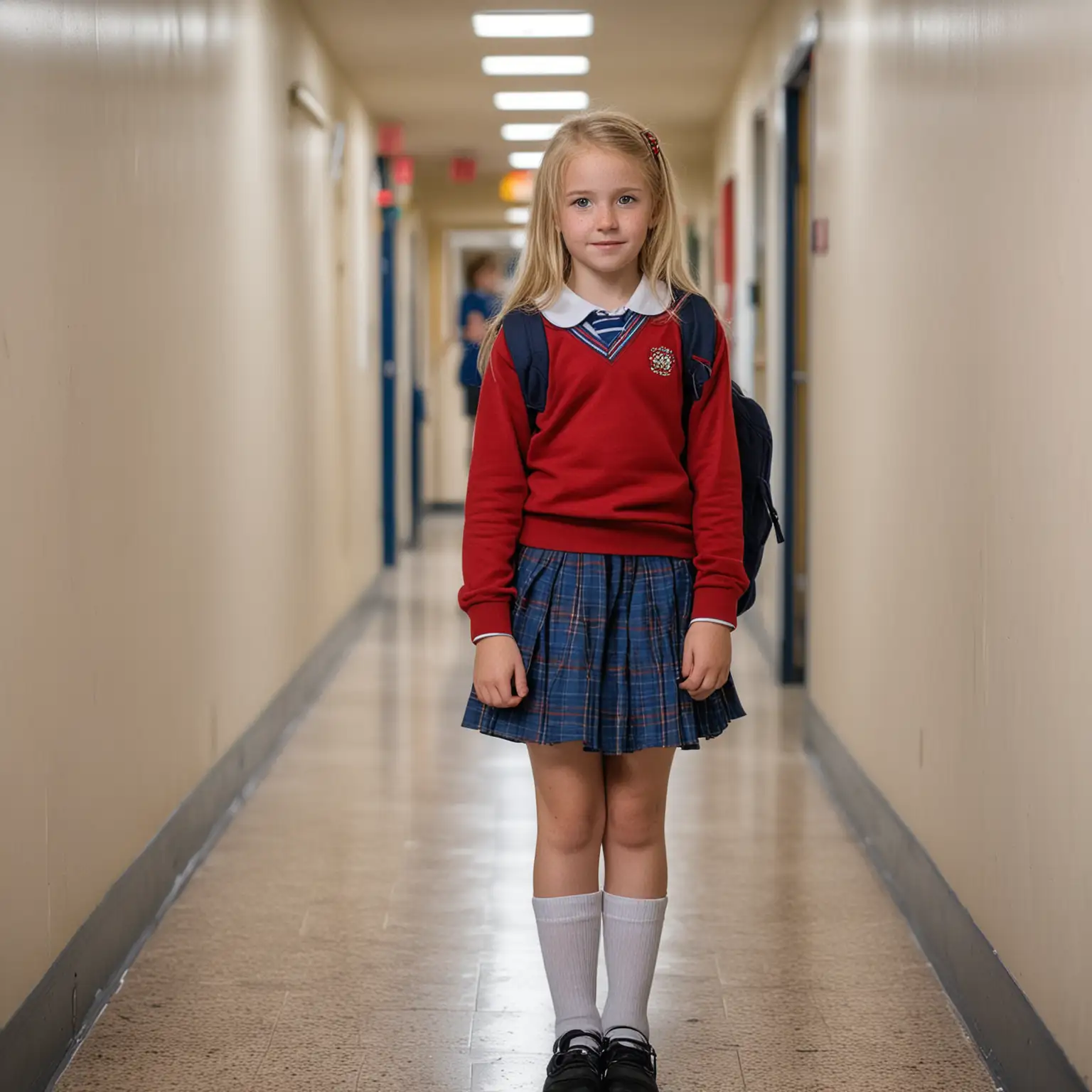 8YearOld-Girl-with-blonde-Hair-freckles-in-school-uniform-plaid-skirt-red-and-blue-full-body-school-hallway