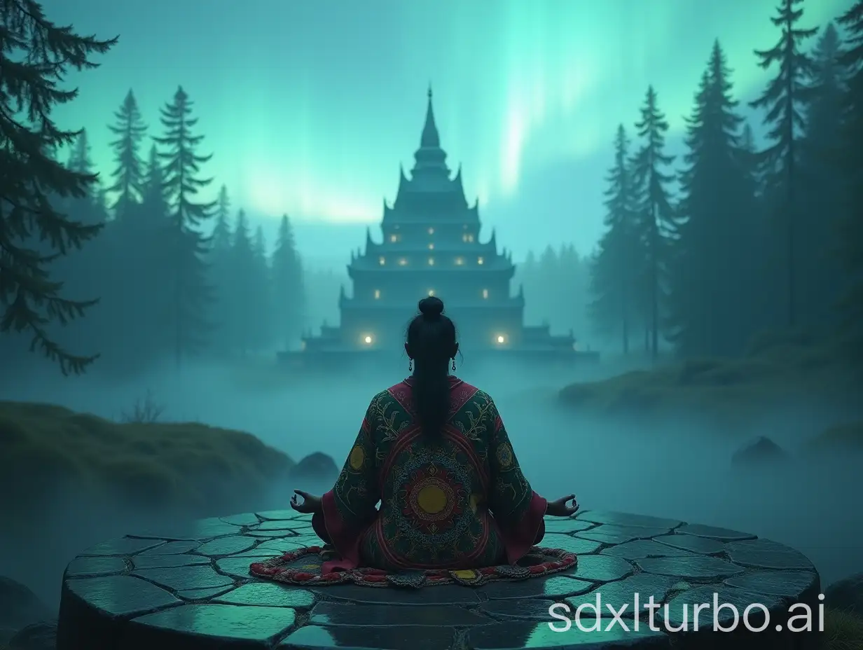 A meditating yogi in an ornate, vibrant tunic, seated at the center of a mysterious stone circle, with an ethereal forest and timeless temple looming in the misty distance, enchanting aurora borealis illuminating the mystical Nordic scene, highly detailed digital art, cinematic lighting, 8k resolution, shallow depth of field, atmospheric mist