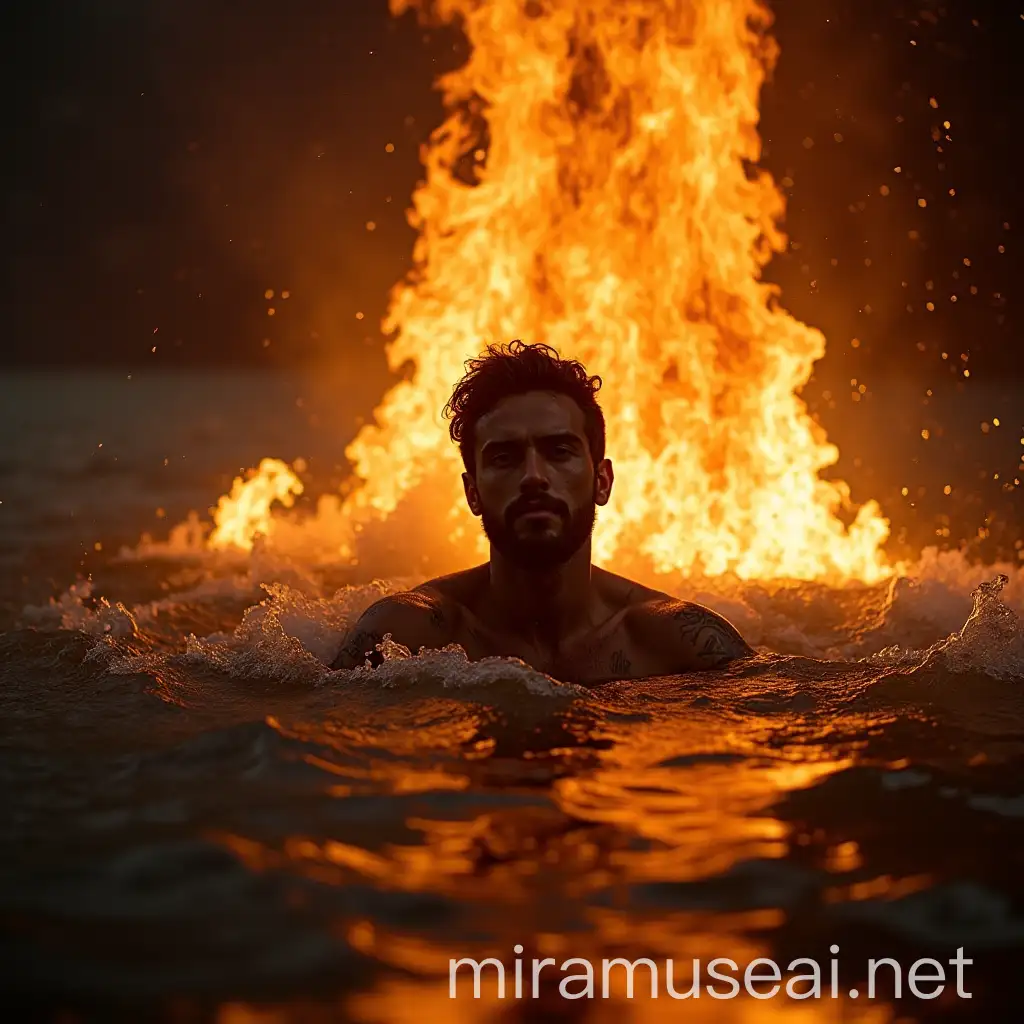 Man Struggling in Elemental Chaos Fire Above Water