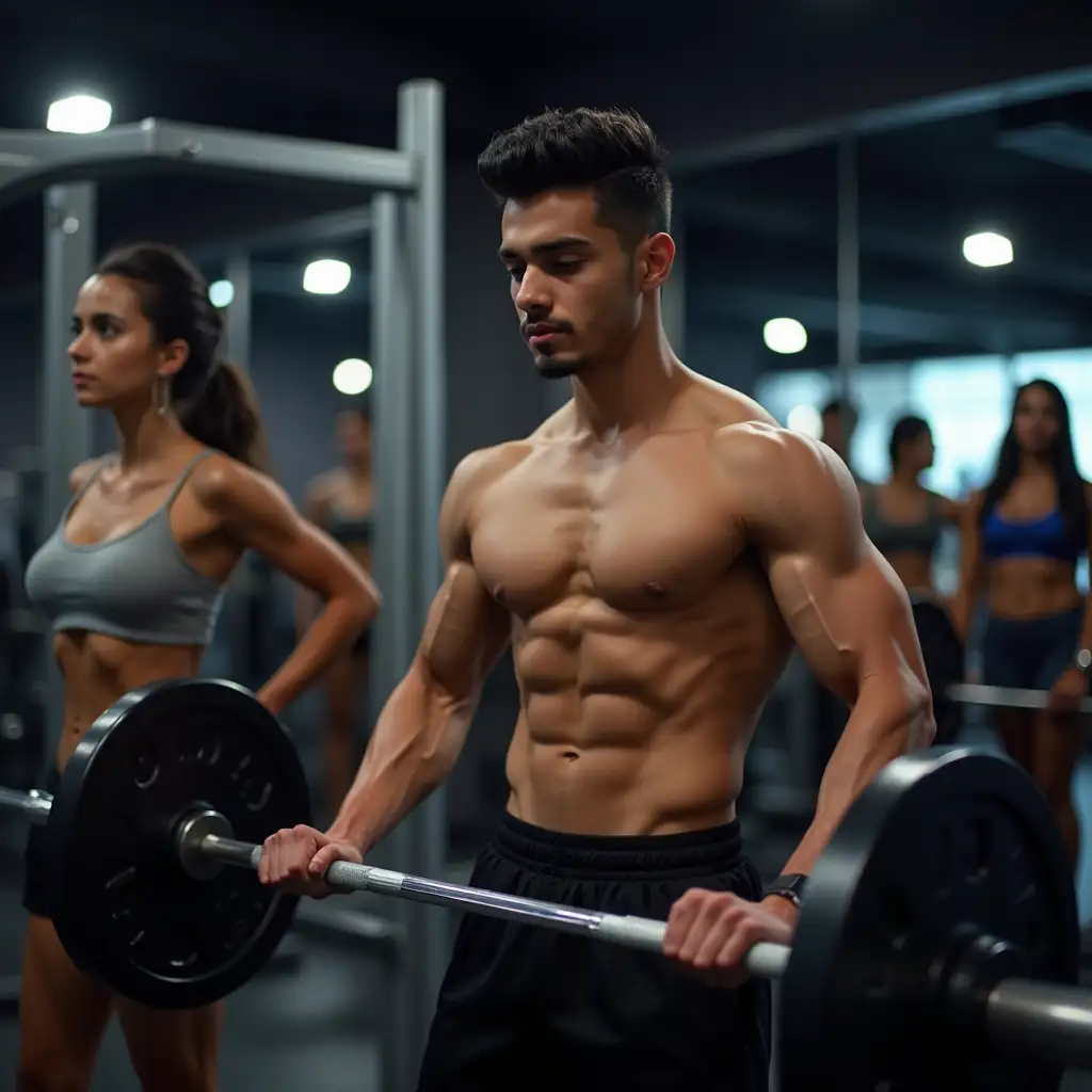 An Indian boy, 20 years old, working out in a modern gym with a highly toned and muscular physique. In the background, a few women are looking impressed by his body, but he is entirely focused on his workout. The gym features advanced equipment, sleek interiors, and dynamic lighting emphasizing his dedication and form.