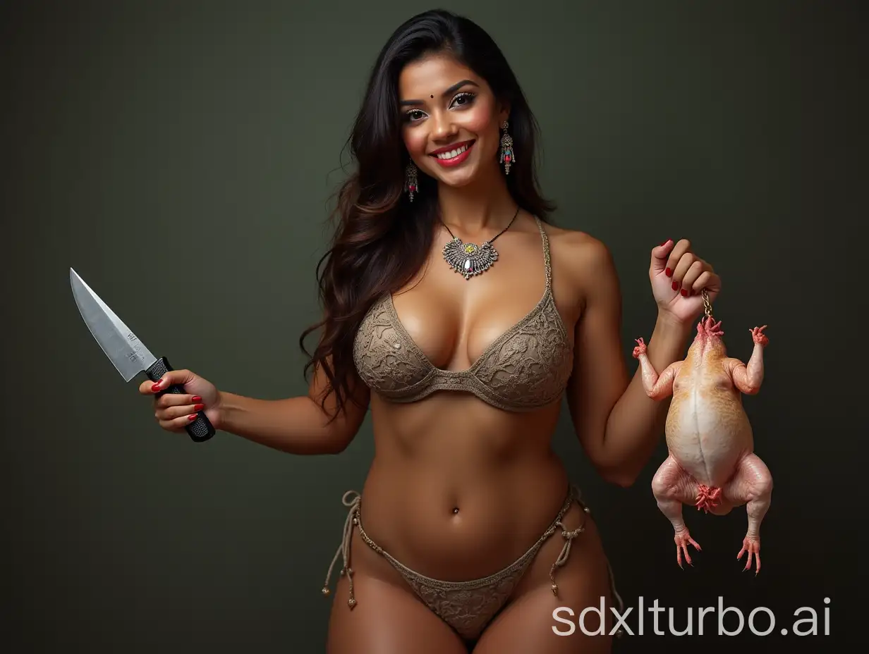 Indian-Woman-in-Bikini-Holding-Knife-and-Live-Chicken