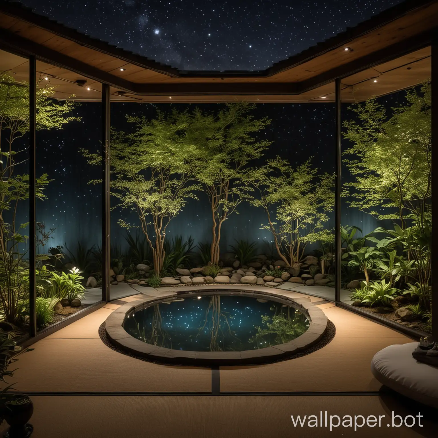 A tranquil night scene viewed from inside a modern bedroom with large floor-to-ceiling windows. The room features a comfortable bed and soft, warm indoor lighting creating a cozy atmosphere. Outside, a beautifully illuminated Japanese-style garden is visible, complete with various trees and plants. The garden includes a serene pool reflecting the starry night sky, adding a magical and peaceful touch to the scene. The night sky is filled with bright stars, enhancing the calm and serene ambiance of the entire view with blue background.