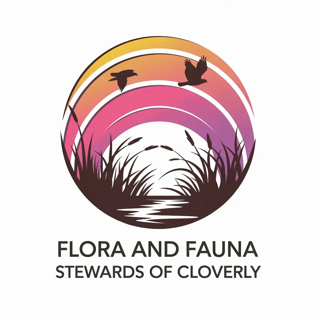 LOGO Design for Flora and Fauna Stewards Golden Sunset Circles Soaring Hawks and Grassy Stream Bank