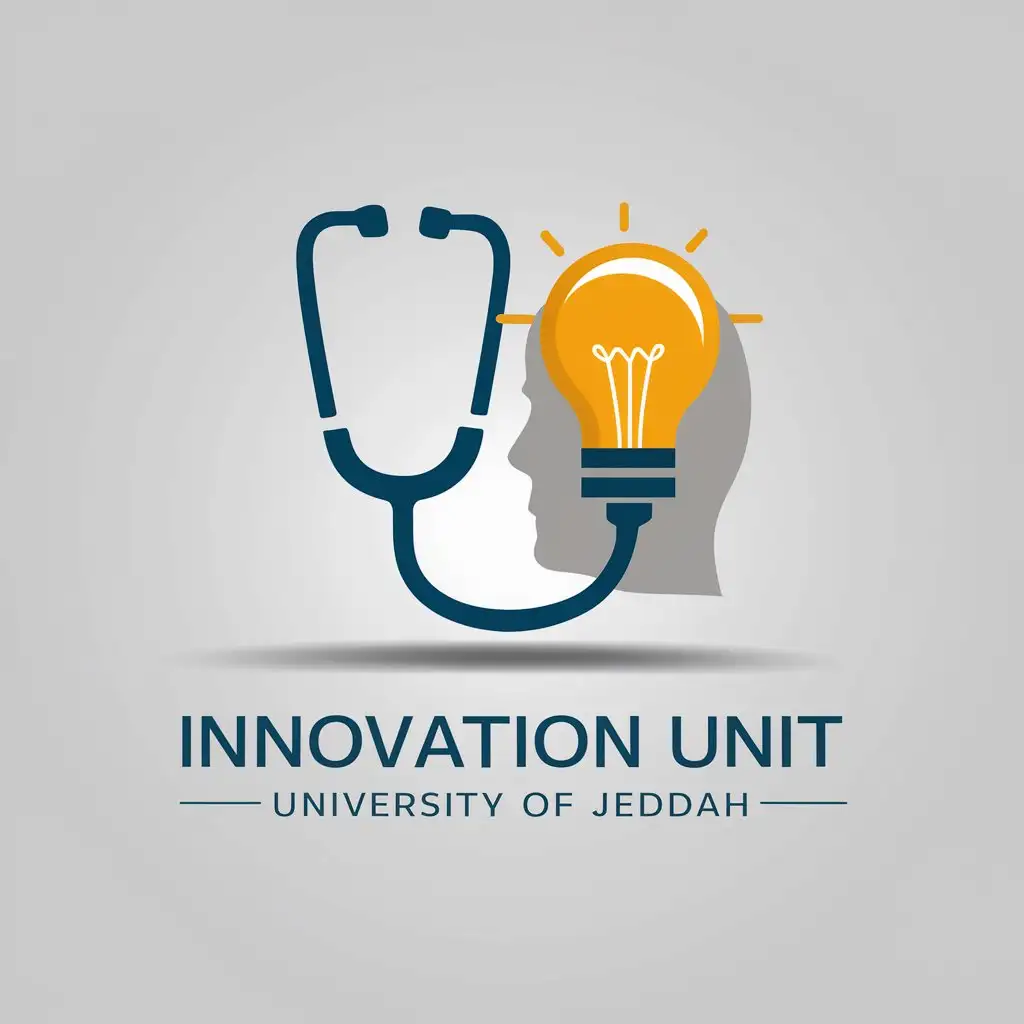 a vector logo design,with the text "Innovation unit University of Jeddah", main symbol:Stethoscope and a light bulb, a shadow of a person head,Moderate,be used in Medicine industry,clear background