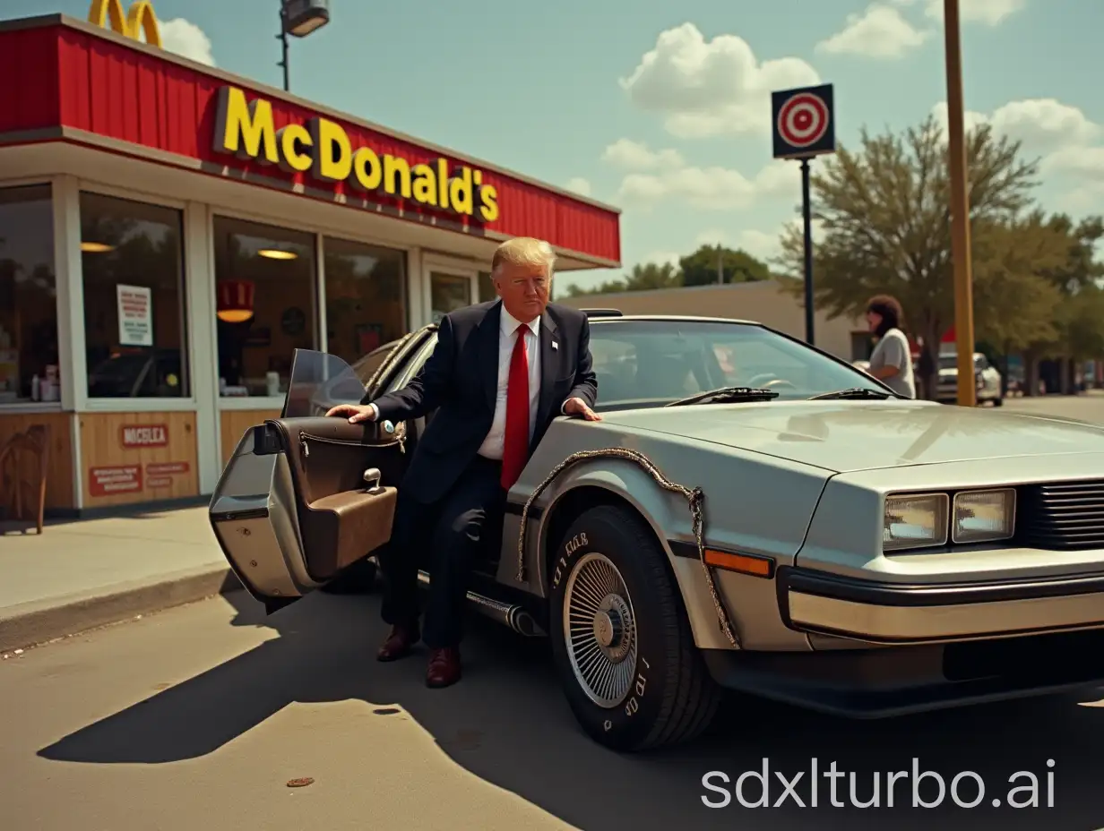 Create an image of Donald Trump getting out of a Deloran sports car as featured in the film 'back to the future' to go into a McDonalds restaurant. The restaurant has a sign outside saying 'Vote McDonald'