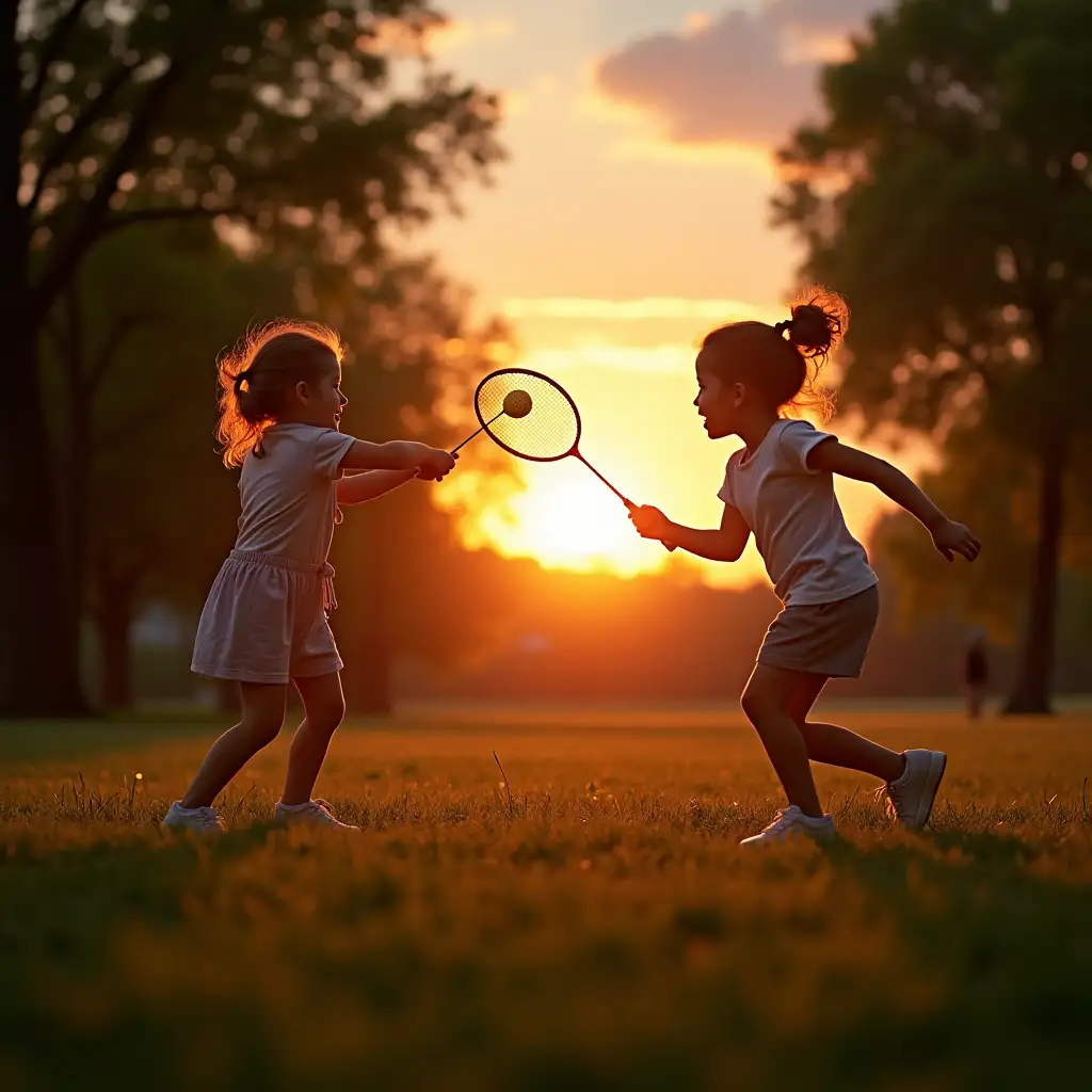 A play badminton with a girl in a park. And sunset on that time.