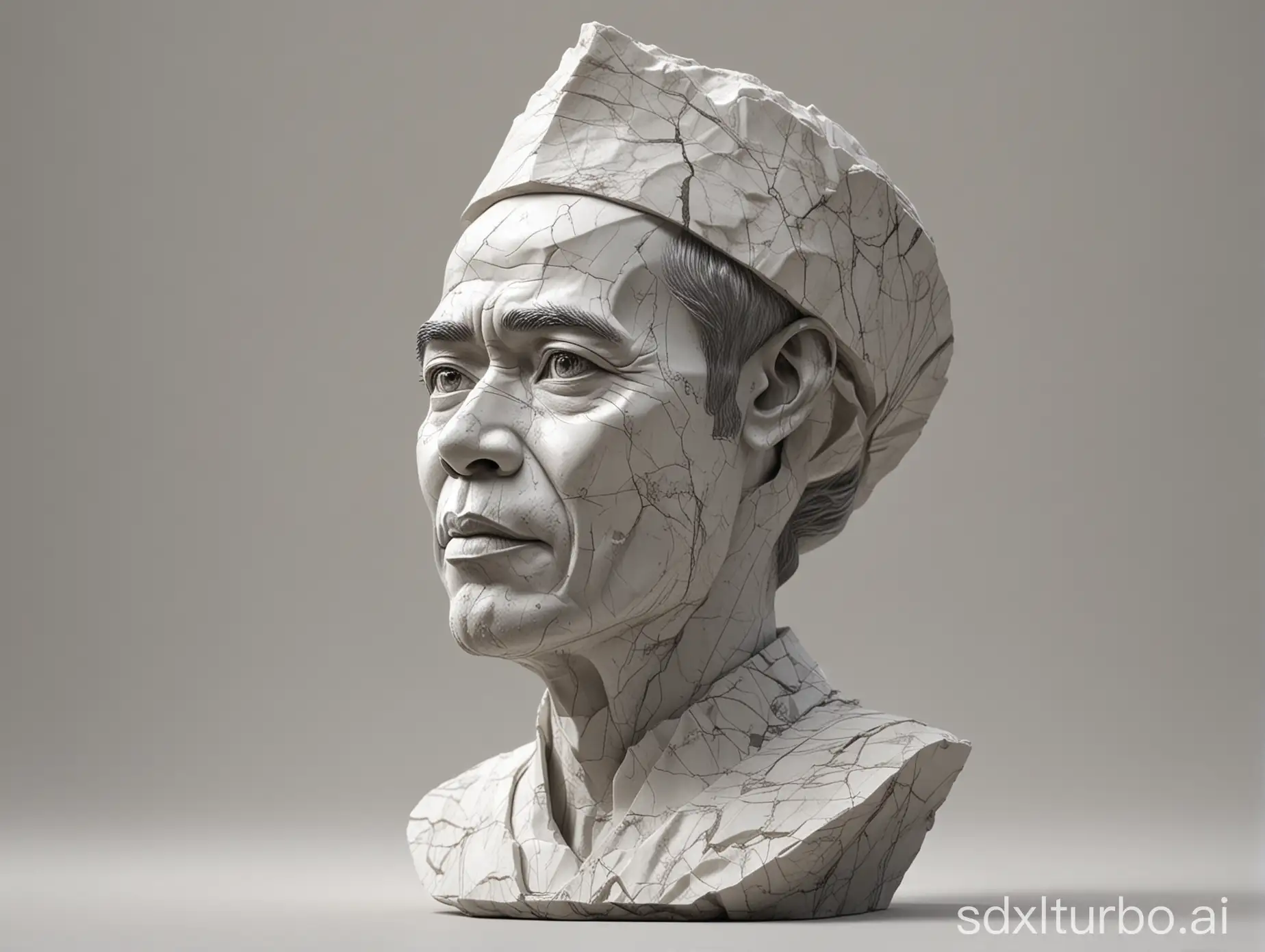 Marble-Stone-Sculpture-of-Jokowi-with-God-Rays-on-White-Background