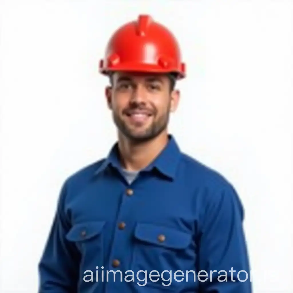 A man in his thirties wearing a blue oil and gas engineer's uniform and a red engineer's helmet on his head. The background of the photo is white.