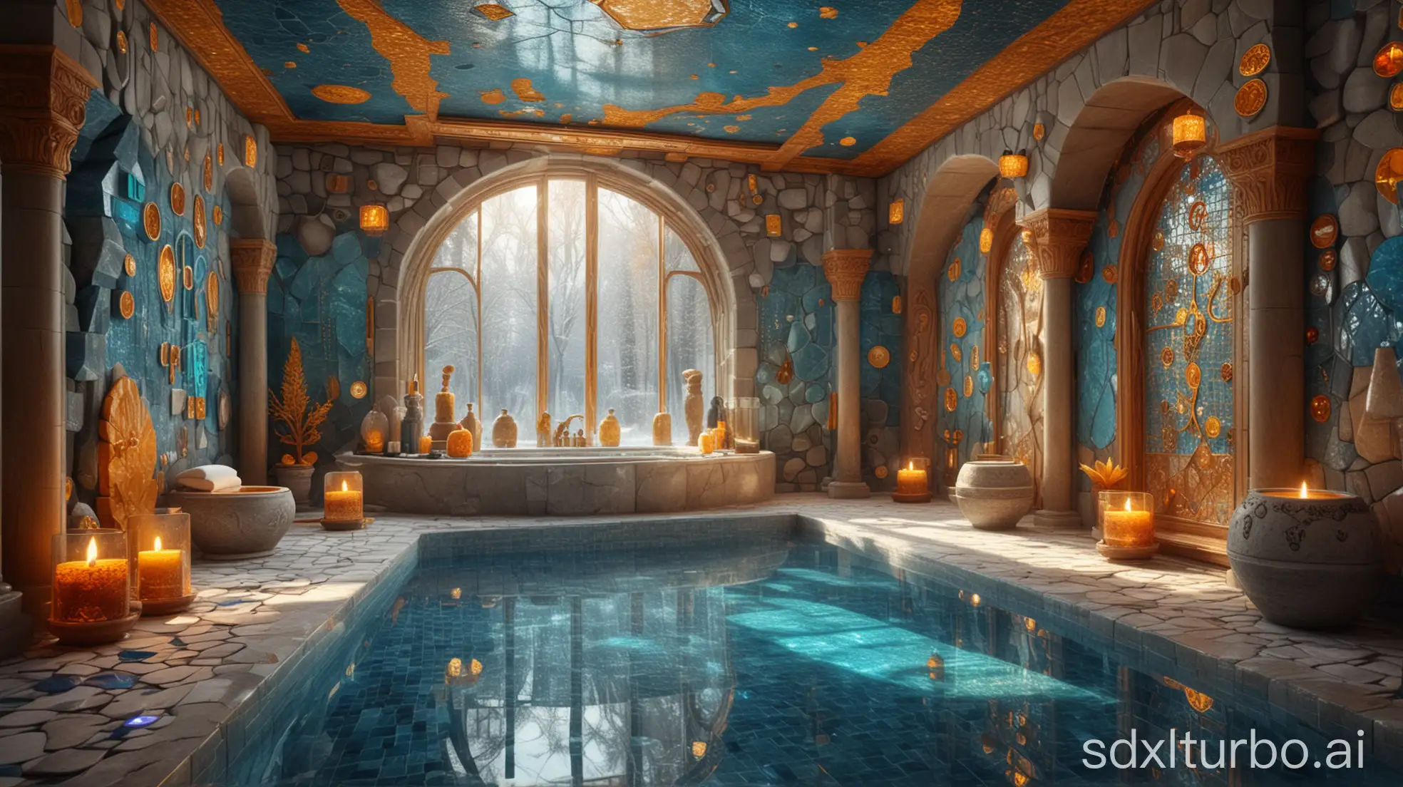 a vast luxury nordic spa in fantasy style, with carved adorned stone sculptures, many colorful magical signs on walls, glassy cups, amber and blue mosaic, sunny atmosphere, highly detailed