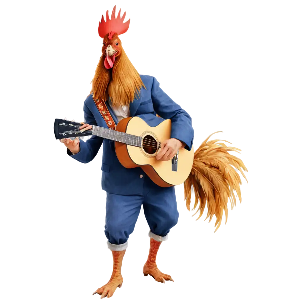 a rooster dressed in dark blue playing a guitar, three dressed chickens on a stage