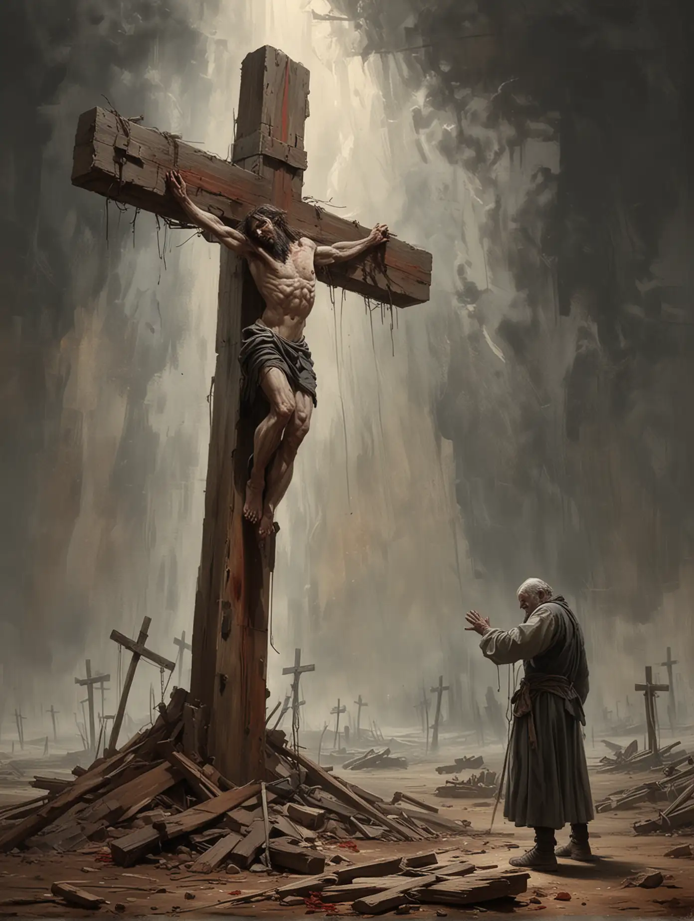 Dramatic-Religious-Scene-of-Suffering-with-Striking-Cross-in-Background