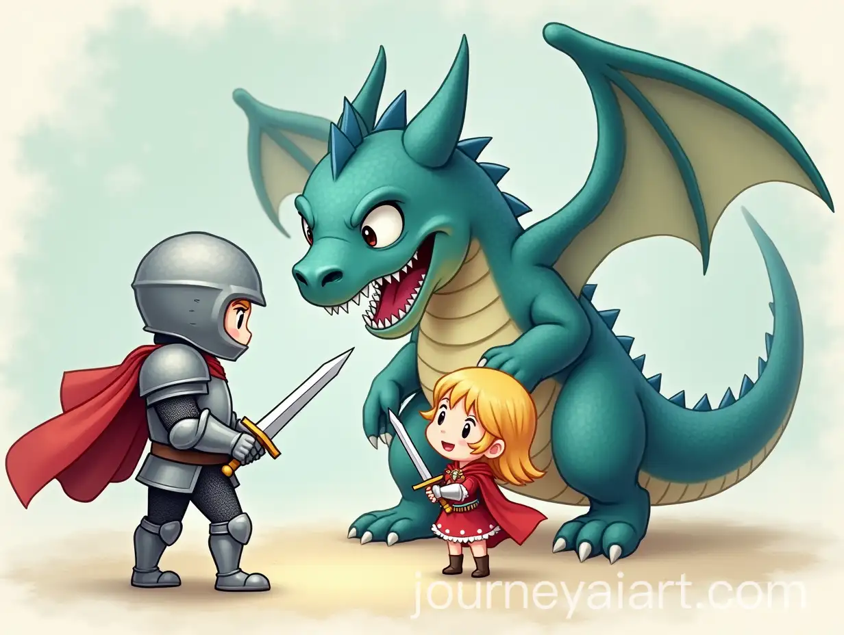 Chibi-Knight-and-Girl-Facing-Fierce-Dragon-in-Whimsical-Fantasy-Adventure
