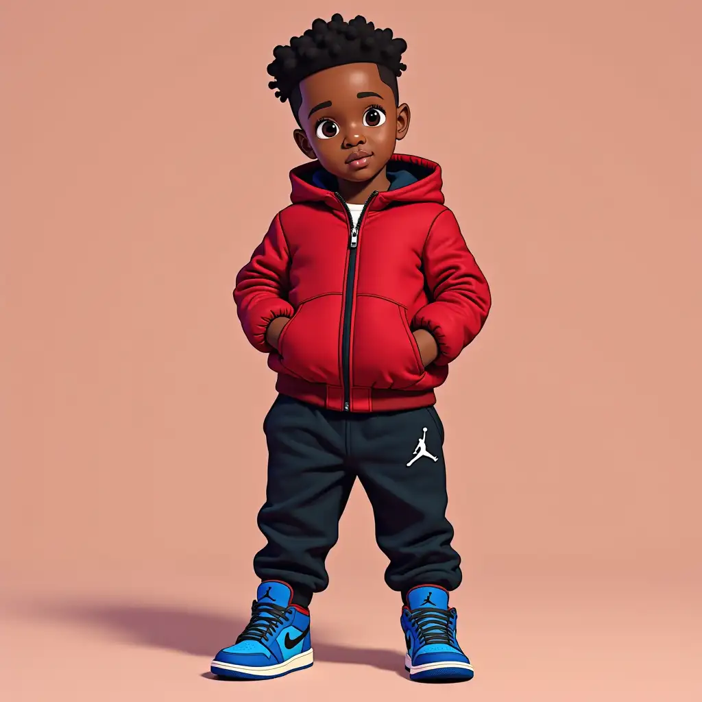 A 2 year old black American boy wearing a red anime jacket,black nike sweatpants and blue jordands