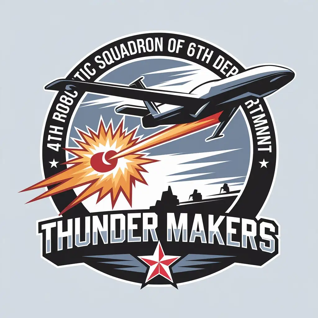 a vector logo design,with the text "4th robotic squadron of 6th department.  Thunder makers", main symbol:UAV in the sky. Big blast with aiming target.,Moderate,clear background