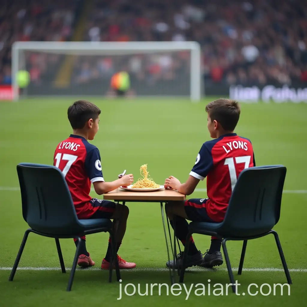 Boy-in-Tottenham-Kit-Sitting-on-Pitch-with-Table-and-Chairs-Feeding-Pasta