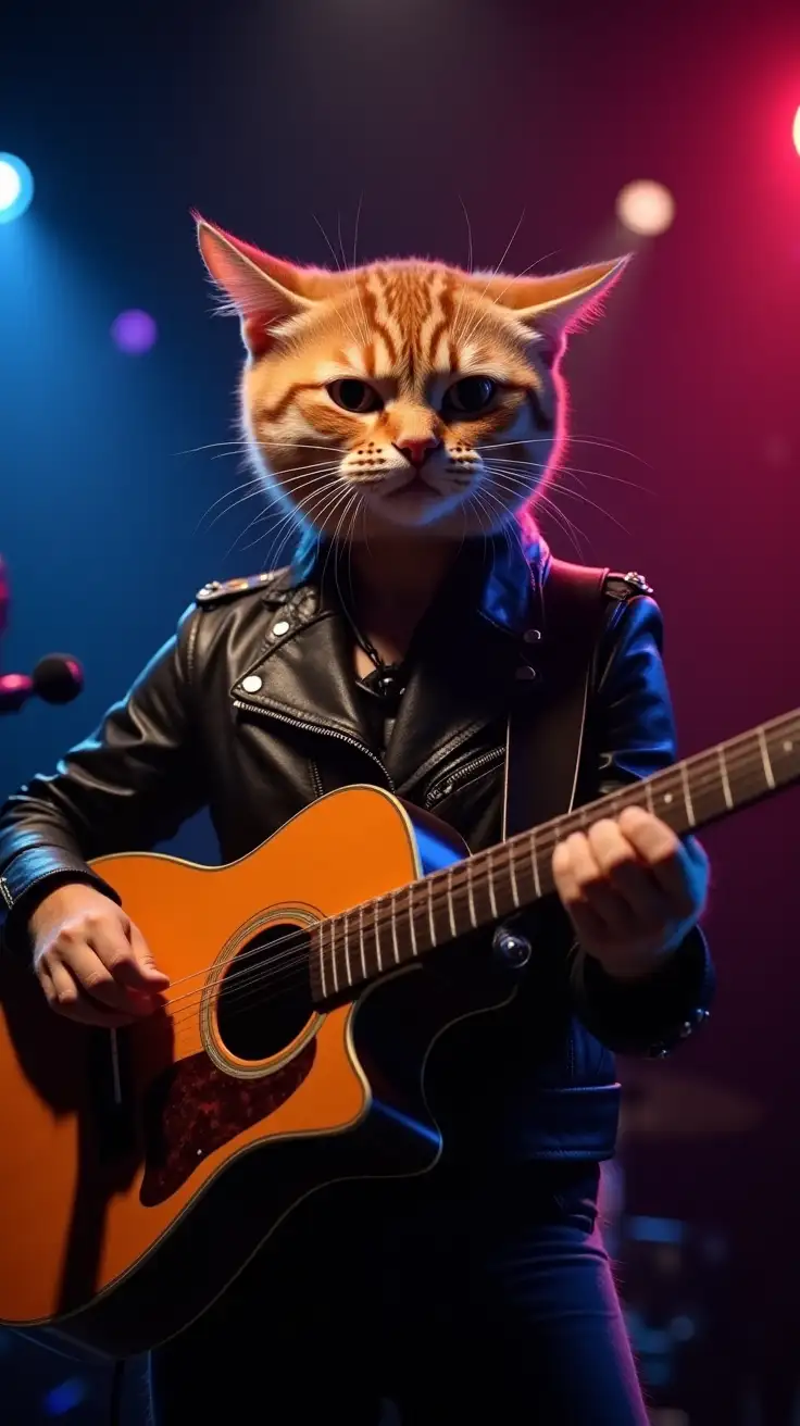 A charismatic rockstar cat wearing a black leather jacket, strumming a classic Gibson acoustic guitar on stage. The cat is immersed in the music, with vibrant lights flashing in the background, creating a high-energy acoustic rock show atmosphere.