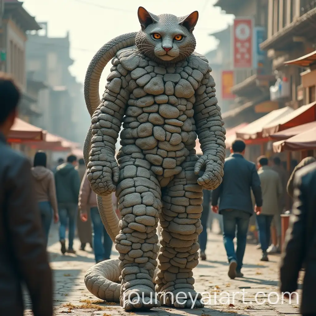 Giant-CatHeaded-Snake-Walking-Through-a-Market-Surrounded-by-Fearful-Onlookers