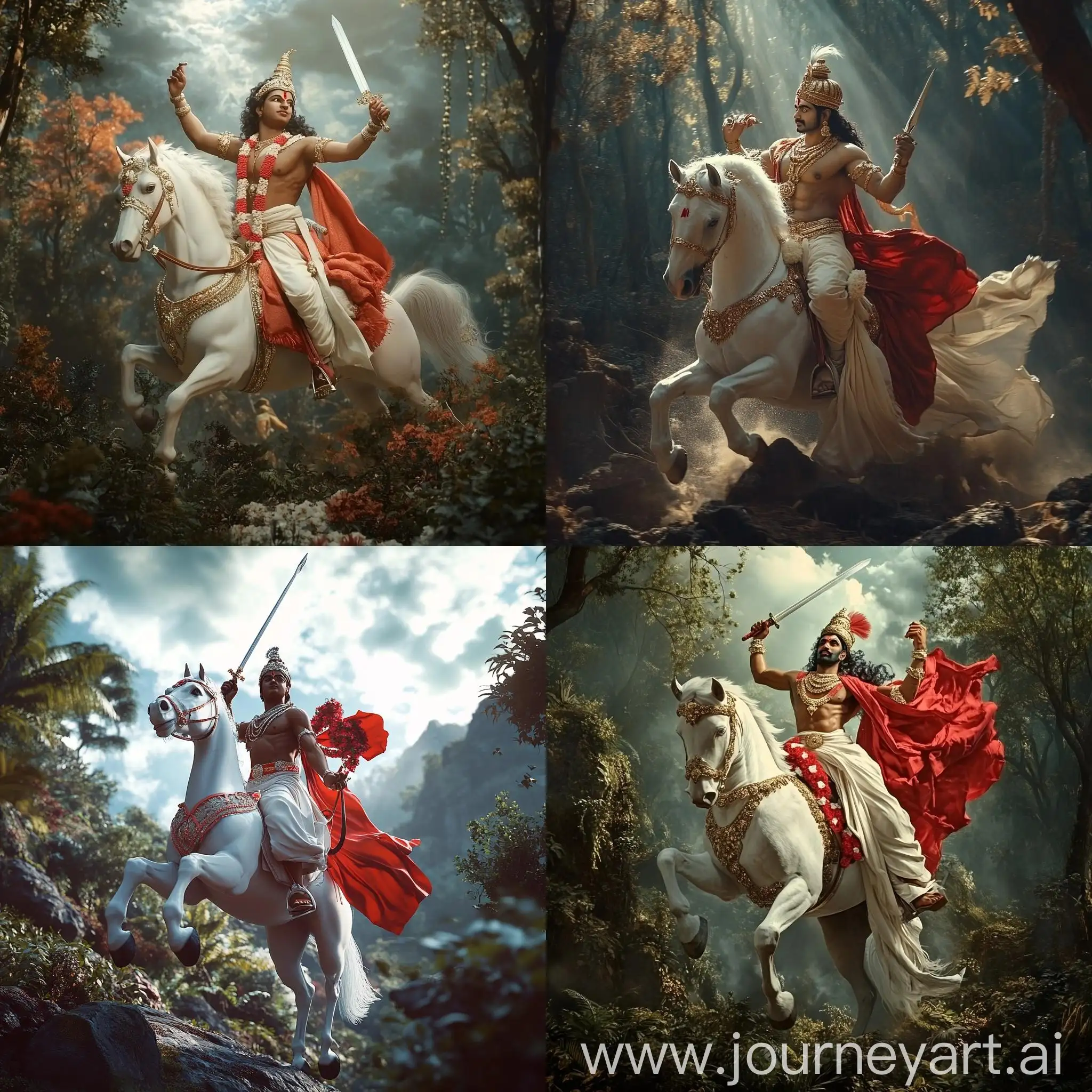 Cinematic-Shot-of-Goddess-Murugan-Riding-a-White-Horse-in-Forest