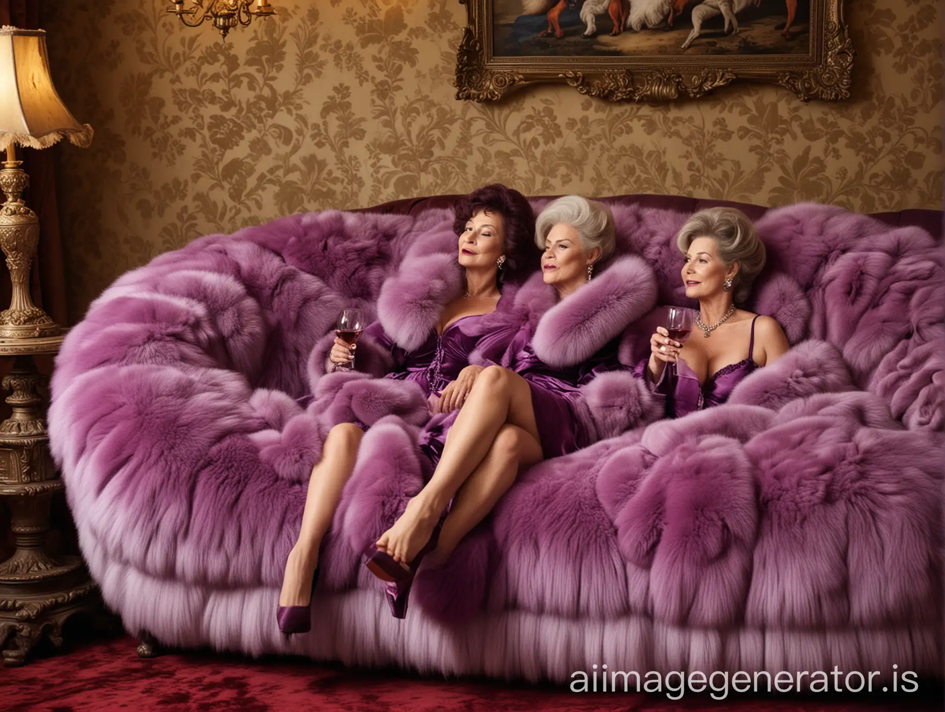 Two-Elegant-Women-in-Purple-Fox-Fur-Coats-EnjoyAI-Image-Prompt-Expansioning-Wine-on-a-Sheepskin-Chaise-Longue