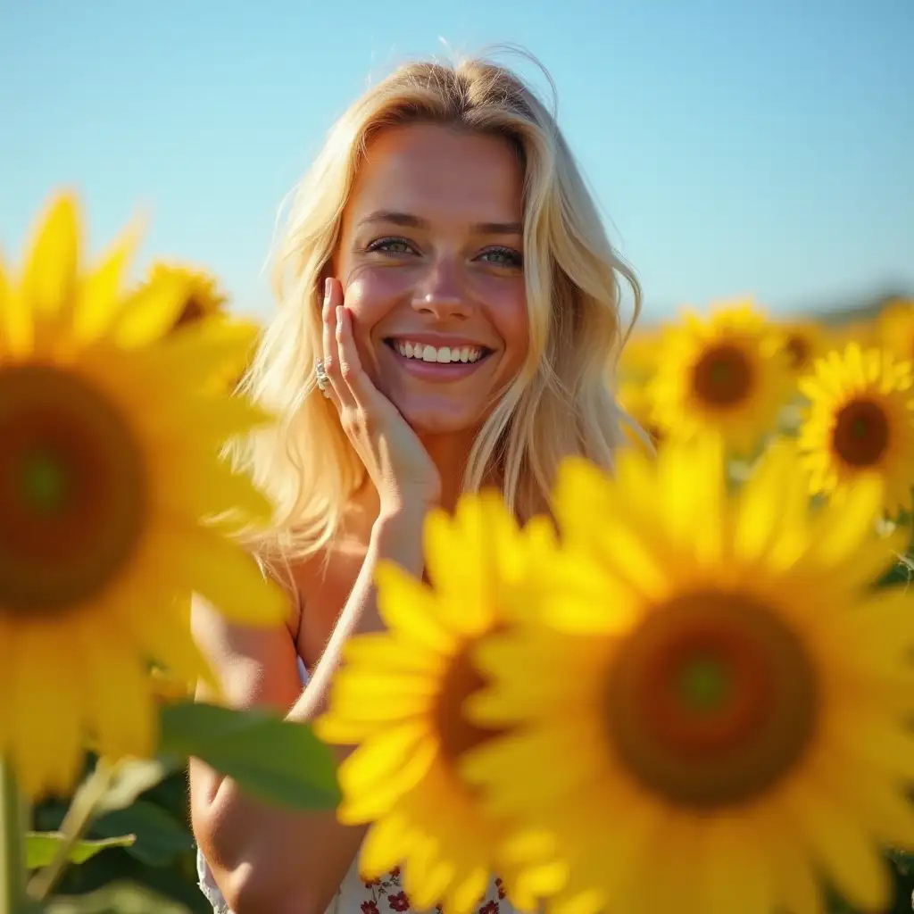 Gorgeous-Blonde-Woman-Smiling-in-a-Sunny-Sunflower-Field