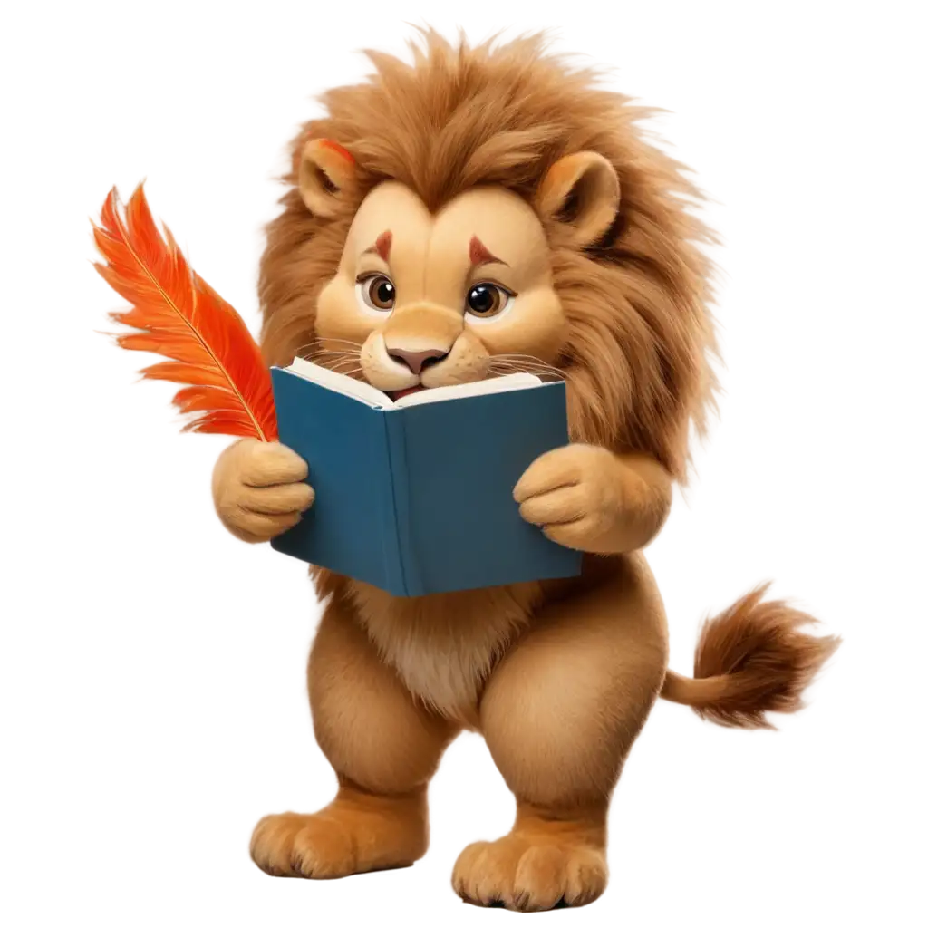 Playful-Lion-in-Feathered-Costume-Reading-a-Book-PNG-Image