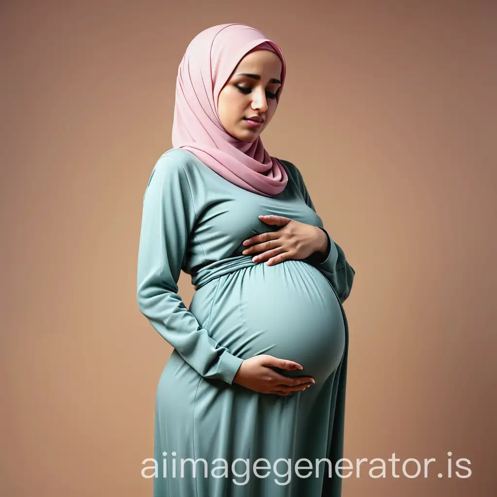 Pregnant-Muslim-Woman-in-Hijab-with-Hands-on-Stomach-Looking-Down