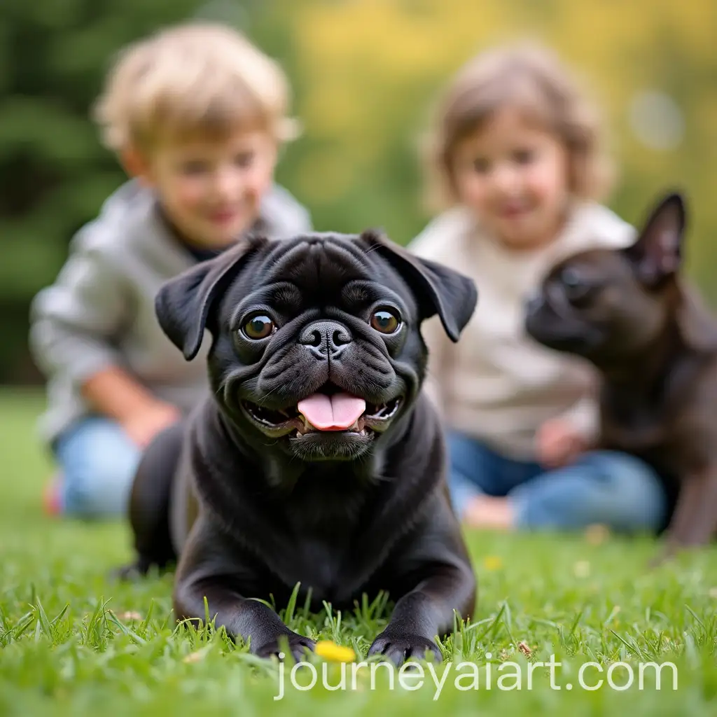 Black-Pug-Playing-with-Children-in-Home-Garden